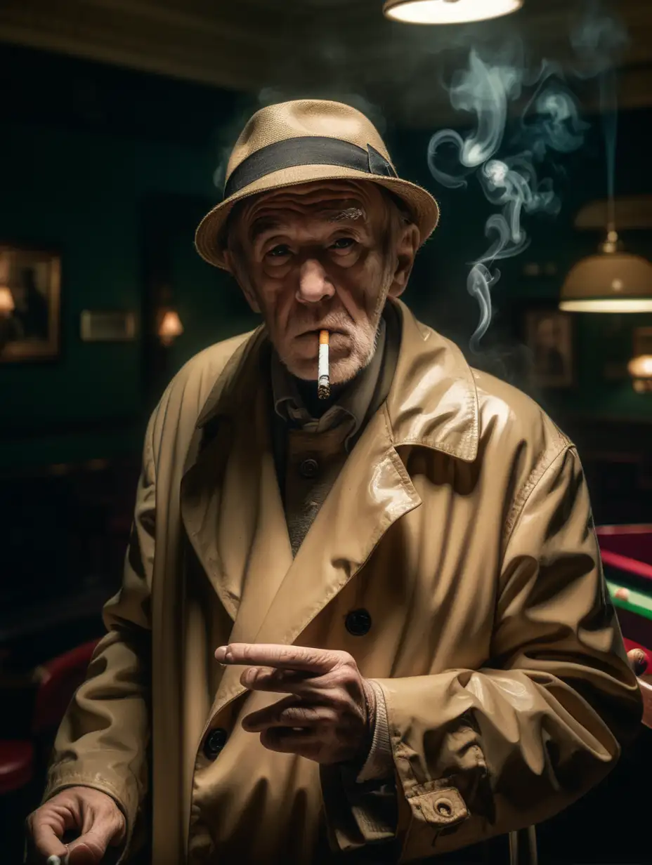 an old man in a dirty beige  raincoat, and a hat, standing up facing the camera, smoking a cigarette in a dimly lit smoky snooker hall