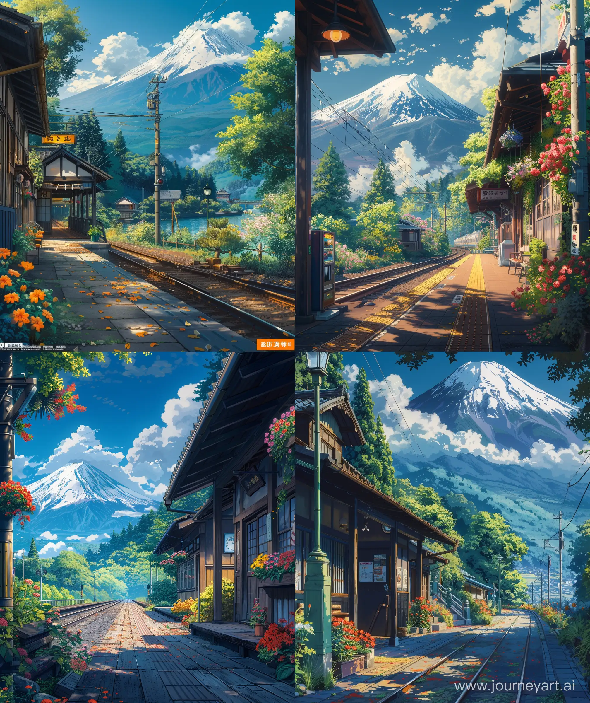 Beautiful anime scenary, Ghibli style, japnese train station , mountain fuji view, beautiful atmosphere, flowers, morning time, quite view, but summer look, illustration, ultra HD, sharp details, beautiful anime view, close up look, --ar 27:32 --s 400