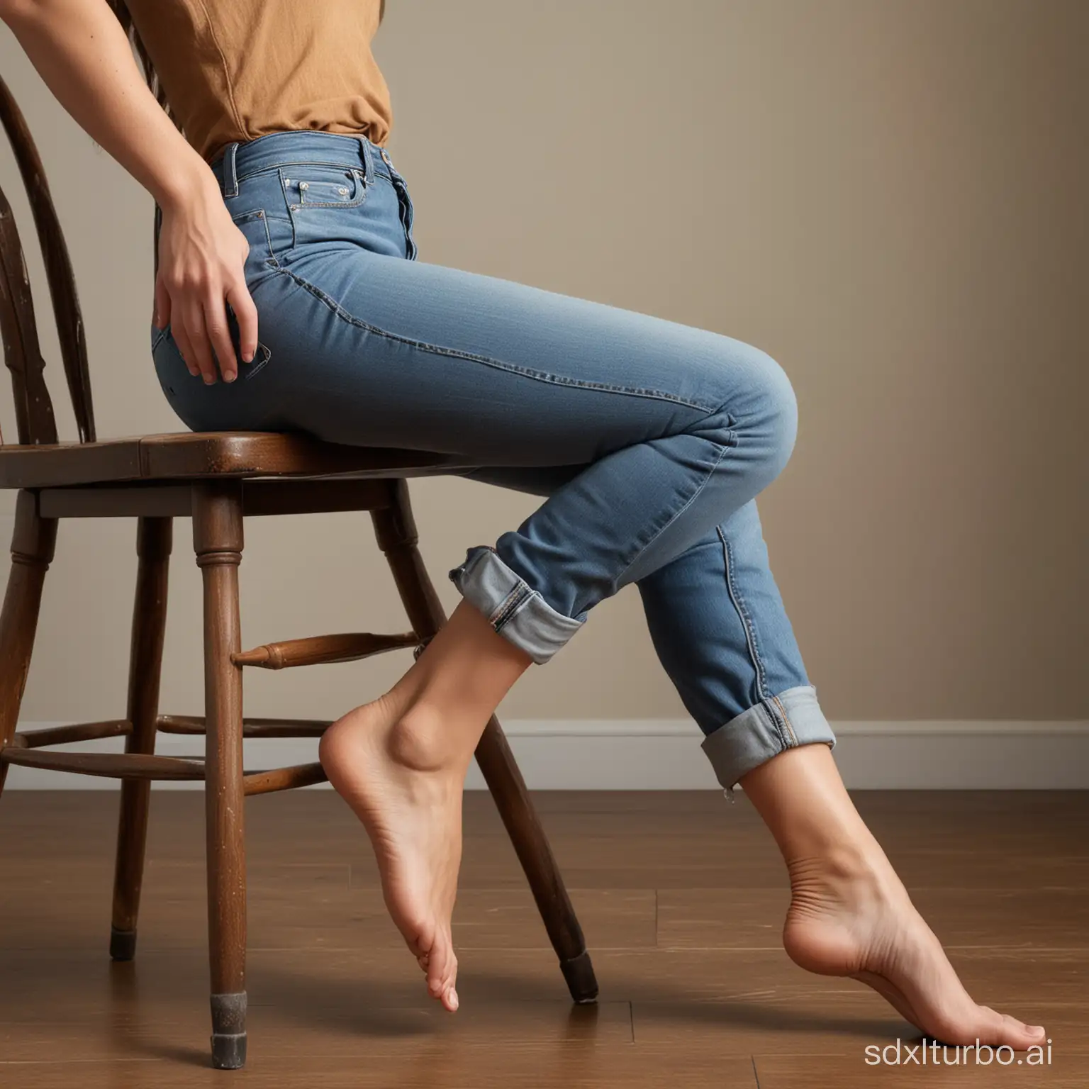 A realistic scene seen from the side of a brunette woman sitting on a chair with her leg stretched out. Her foot is resting on a stool. Her foot as wrinkly arches. She is wearing cowboy pants. On her left leg, the pants are cuffed up til the woman's knee.