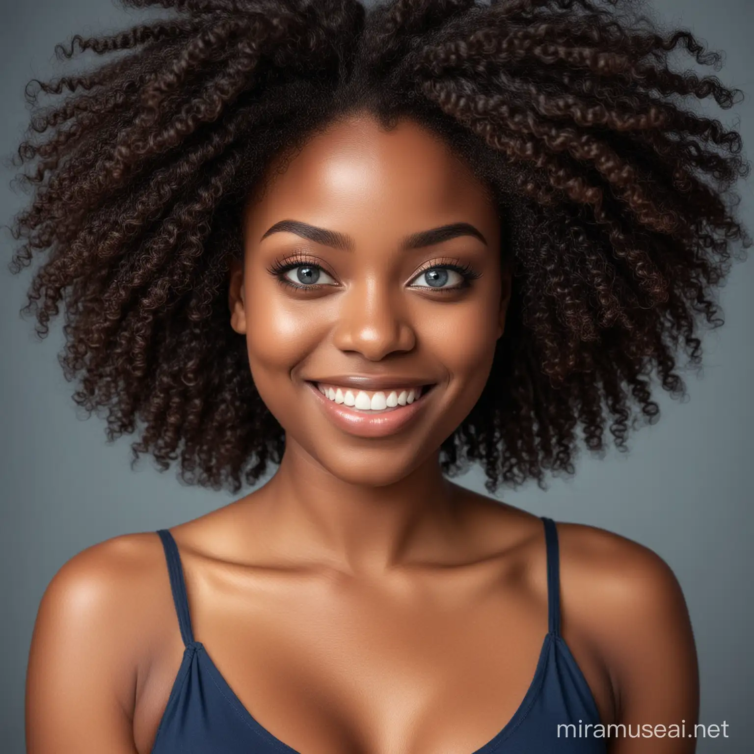 Black african beautiful woman, curvaceous in body shape, round deep blue eyes, african natural hair, smiling 