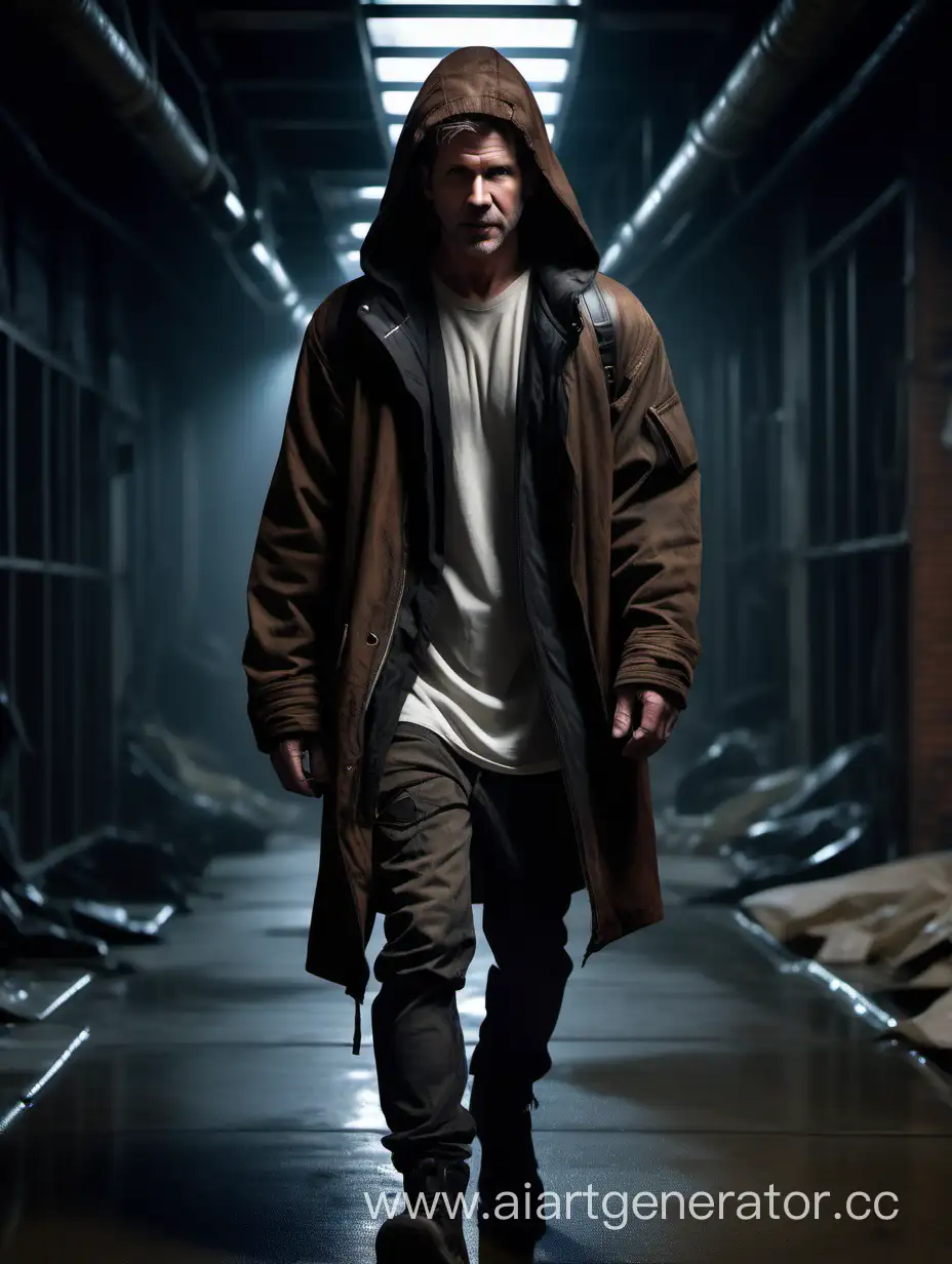 Dystopian future fashion, cyberpunk, young adult white man, short messy brown hair, athletic body, walking towards camera, walking through dark dimly lit industrial corridor, large hooded jacket with fur, straps, smirking young Harrison Ford face, full body, cinematic shot