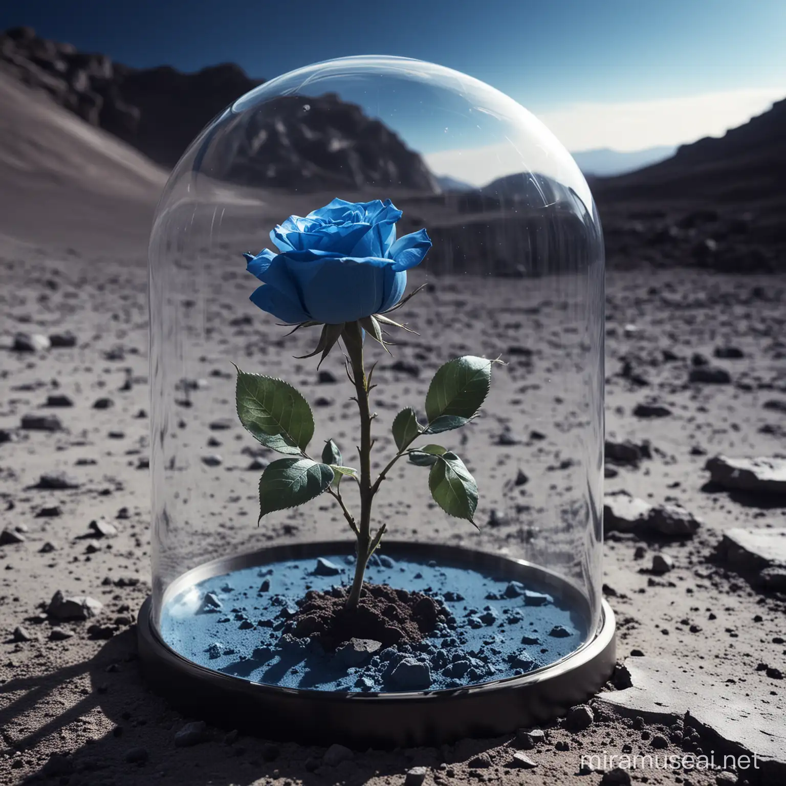 modra roža pod stekleno kupolo na luninem površju