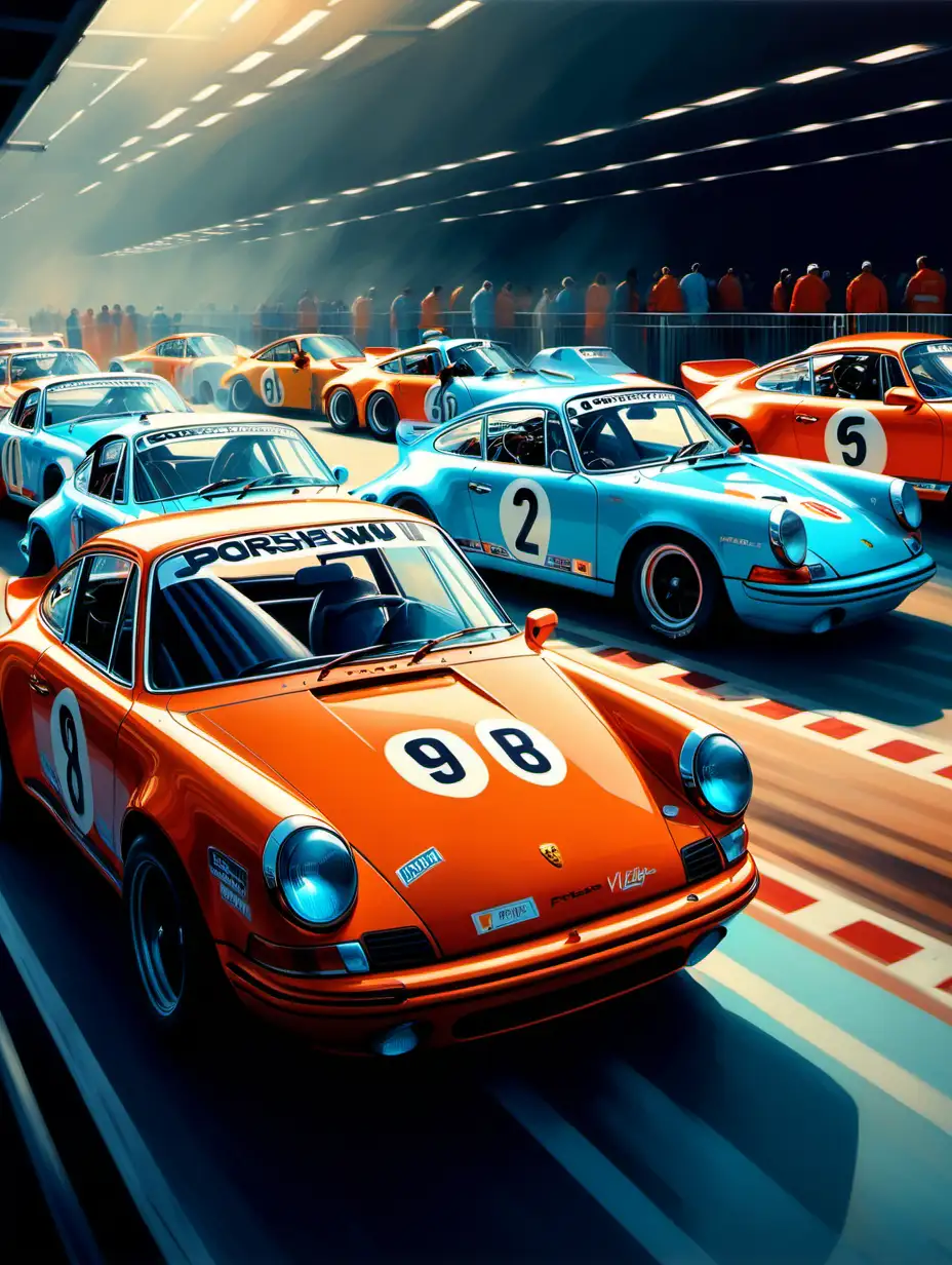 Racing Teams Preparing Porsche 911 Cars Dark Orange and Light Azure Nostalgic Oil Painting