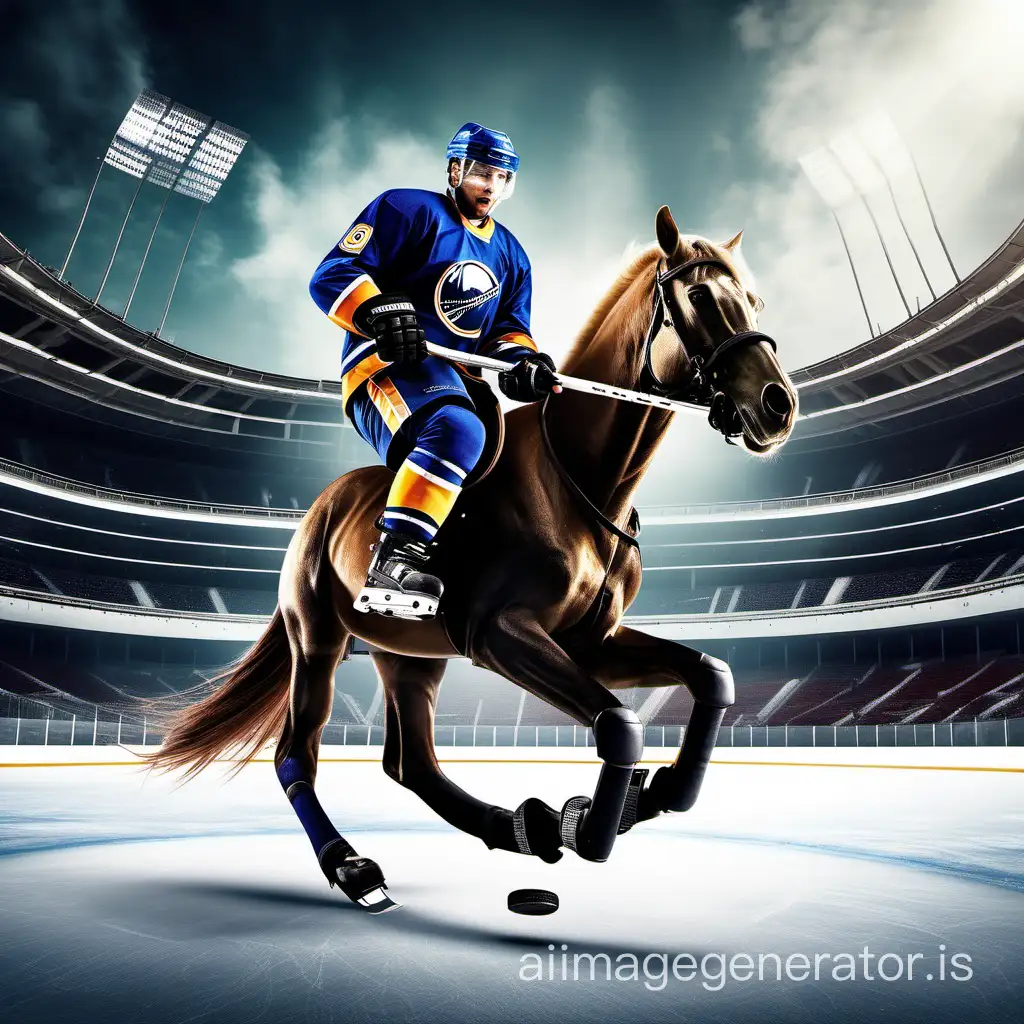 Realistic photo of a hockey player riding a horse playing hockey on a hockey field