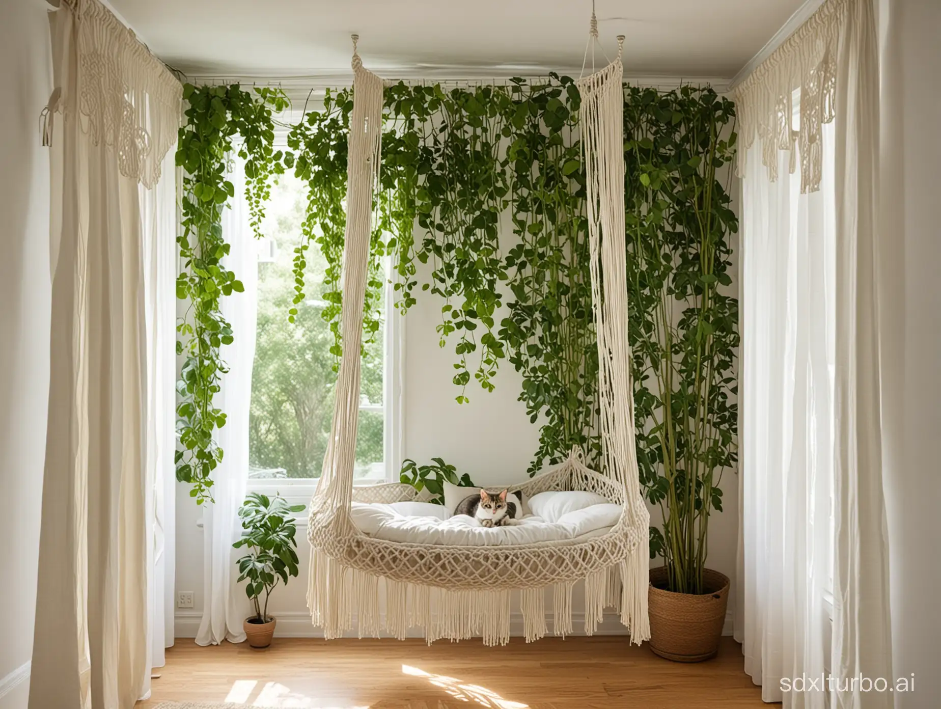 macrame cat hanging bed the curtains are blowing in the summer breeze, casting shadows from the trees inside the room.