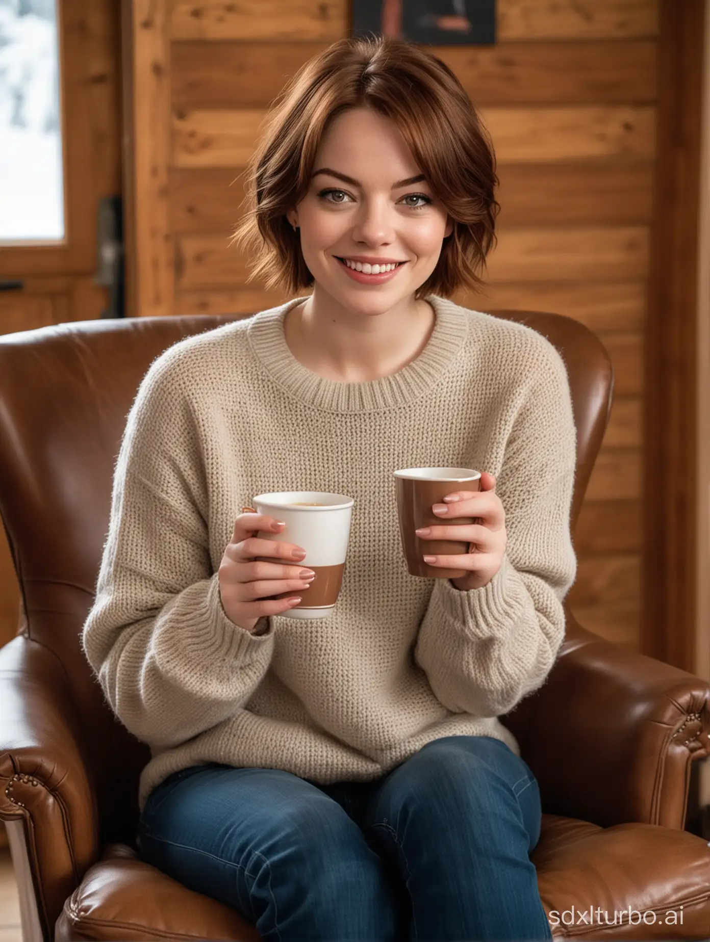 1 woman,like Emma stone, huge breast,short hair, at a ski chalet, holding a cup of hot chocolate, smile, sitting in a leather chair, sweater, jeans