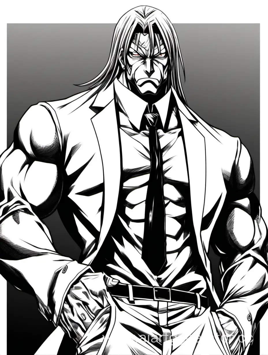 Kanoh Agito from manga Kengan Ashura, very big muscular body, standing very serious in business suit, long slick back hair