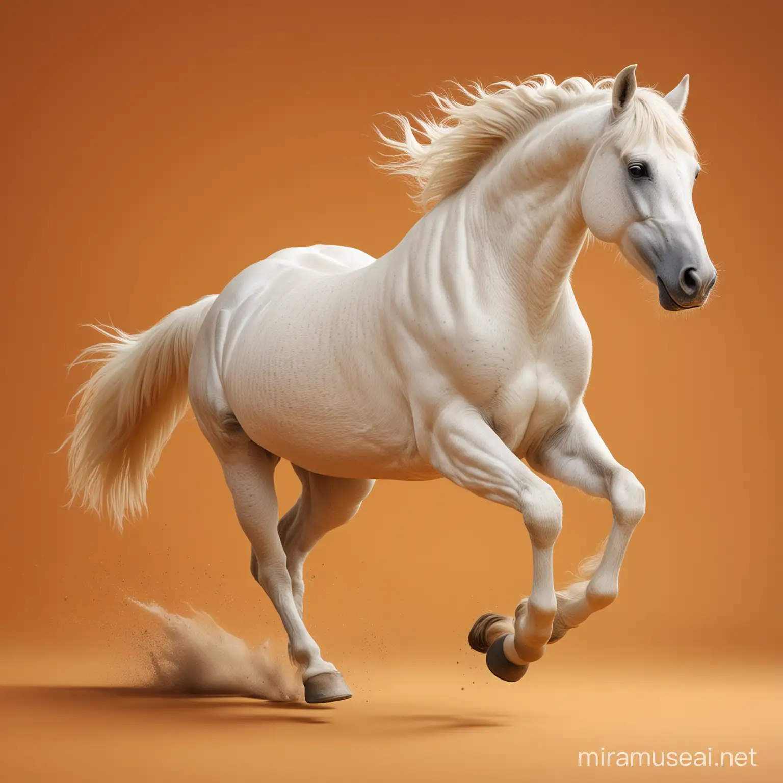 Elegant White Horse Galloping on Vibrant Orange Background