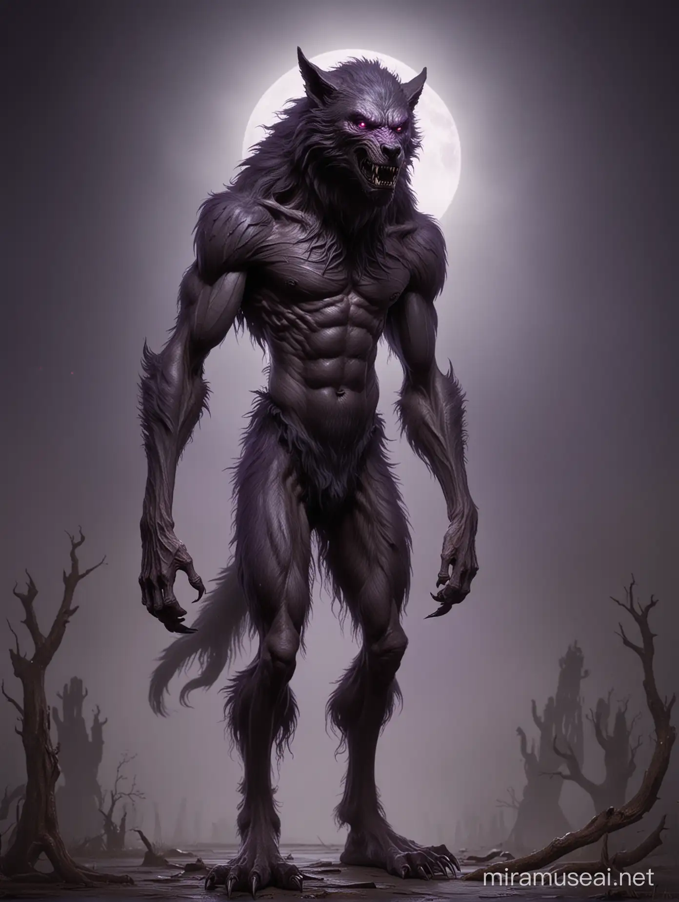 Un hombre lobo parado en dos patas con ojos violetas