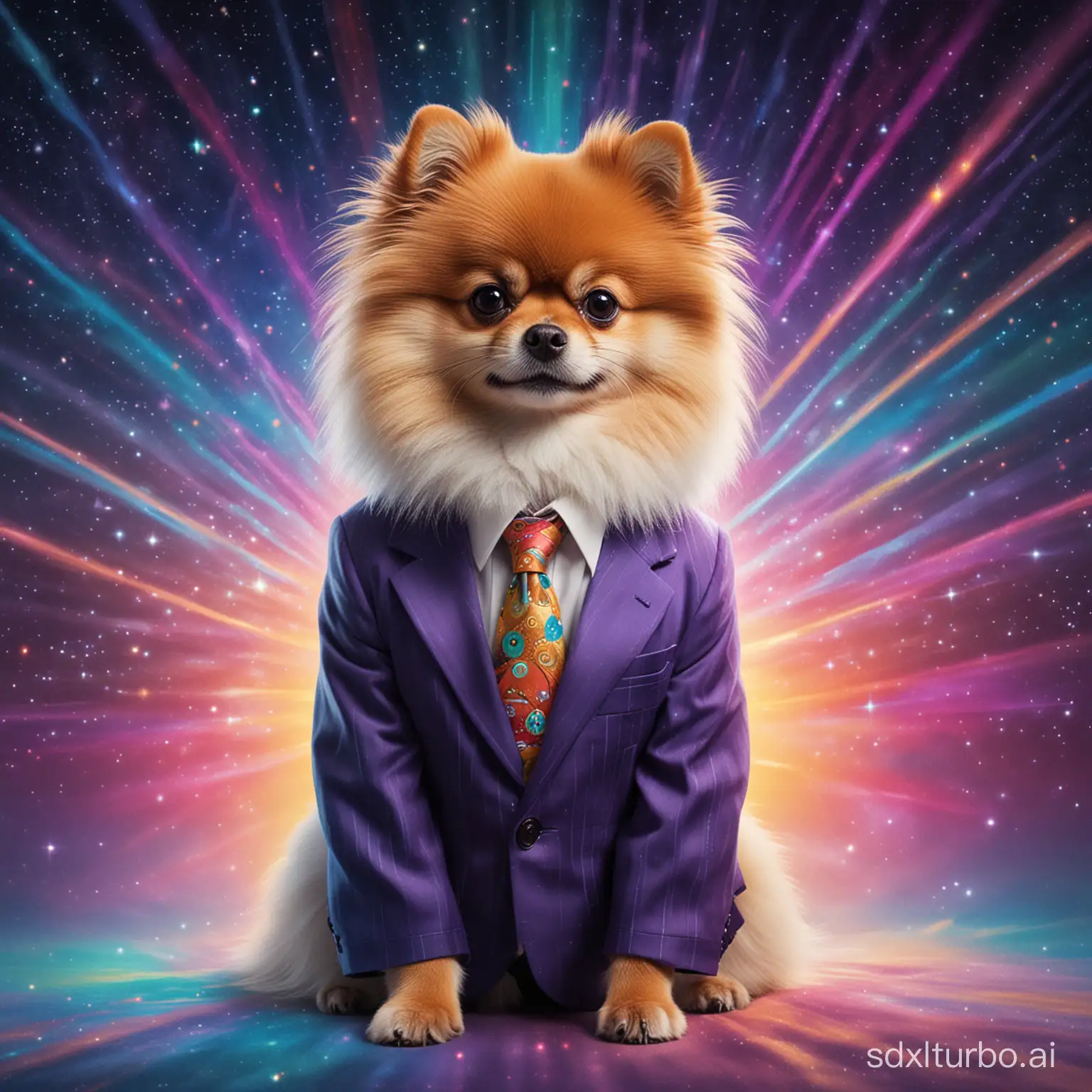 A Pomeranian a wearing a business suit conducting very important Pomeranian matters in a psychedelic hyperspace