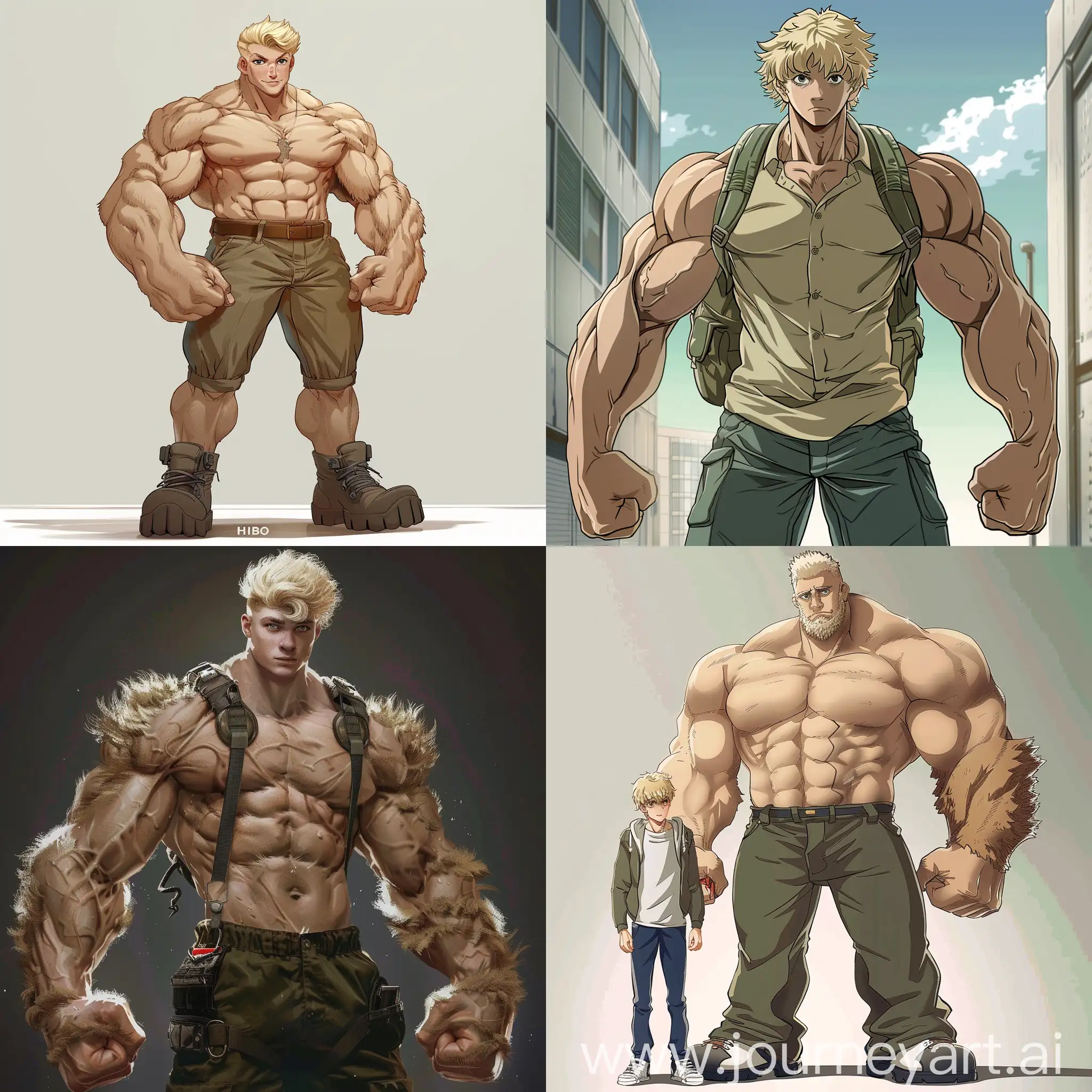 A thin blond nerdy college freshman that turns into a massive muscular hairy himbo