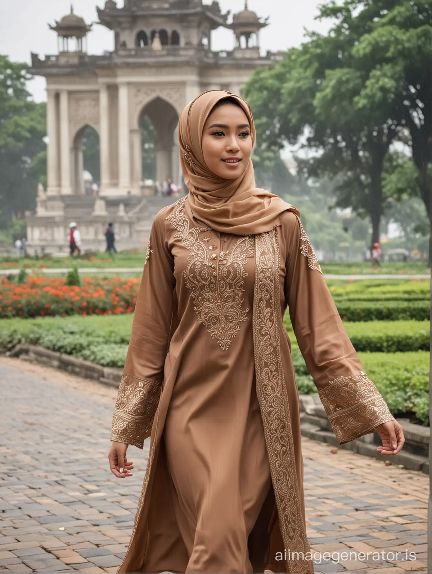 Detail of a beautiful Indonesian woman, hijab, wearing a brown kebaya, walking in the next palace park, cloudy weather, backround of the Jogjakarta palace