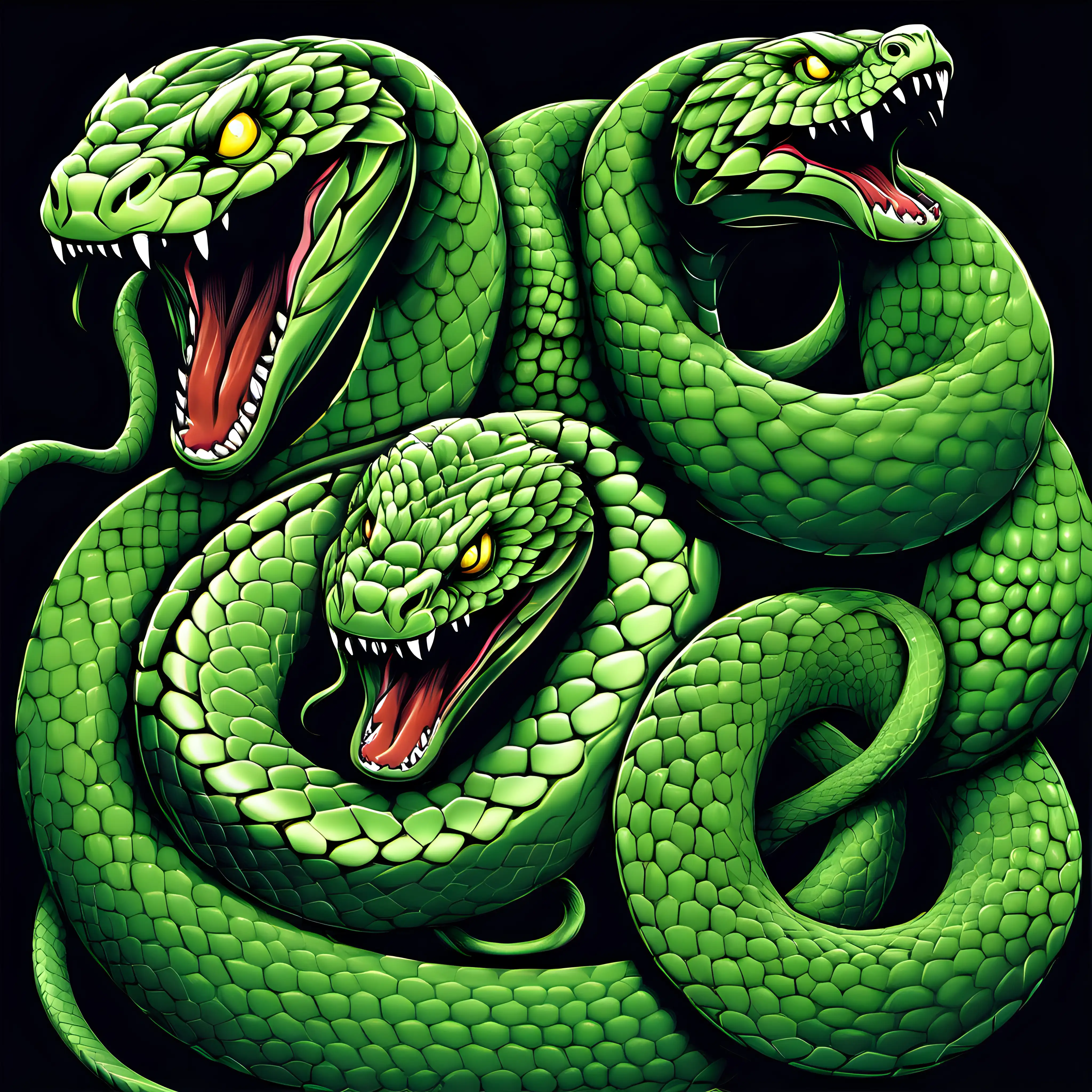 3 green snakes, ferocious, hissing, with 2 snakes at the top and One at the bottom, no background