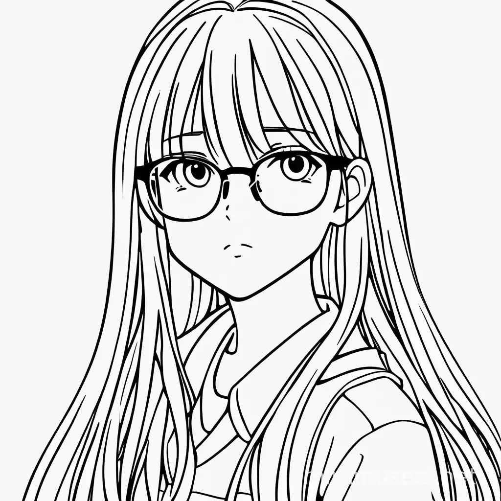 Anime Girl with Long Hair and Glasses Age 14 Coloring Page