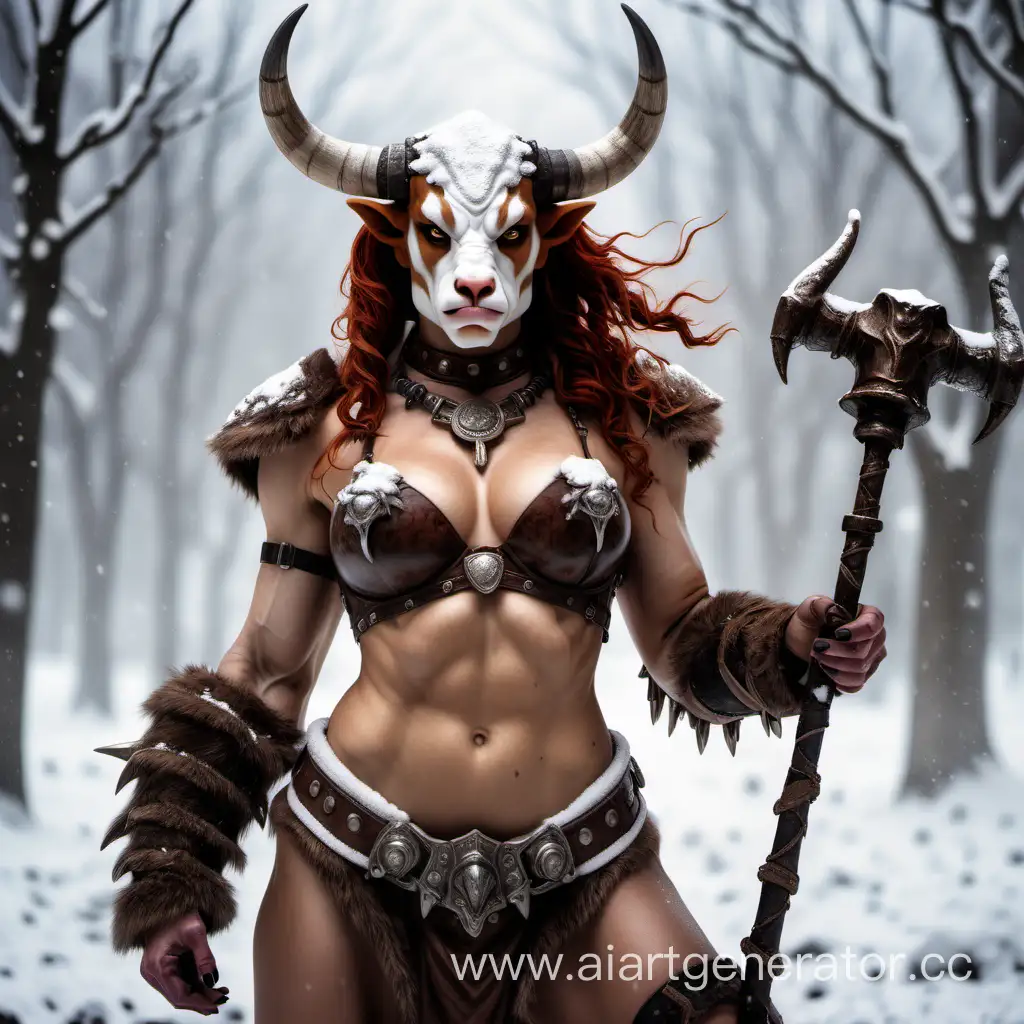 Female minotaur. Female beastman. Anthropomorphic cow. Warrior. Strong woman. Sexy. Snowy background