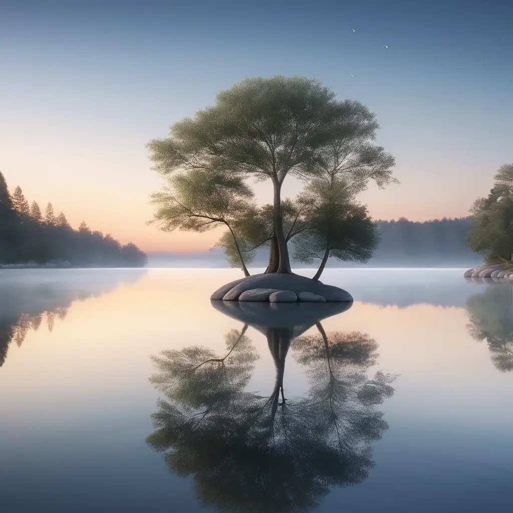 create a realistic image of A calm lake at dawn, reflecting a perfect clear sky, symbolizing clarity and presence