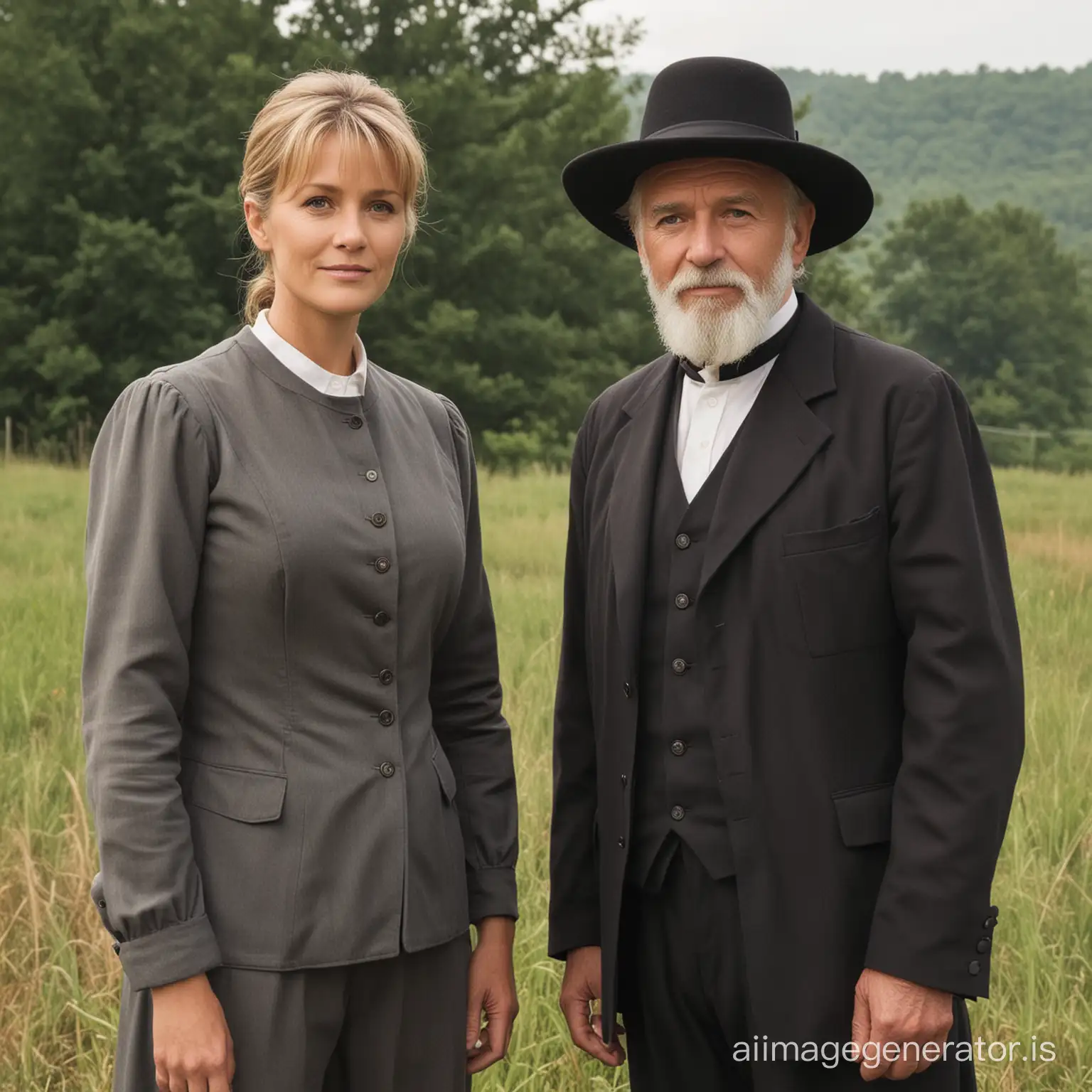an old Amish man standing with Major Samantha Carter