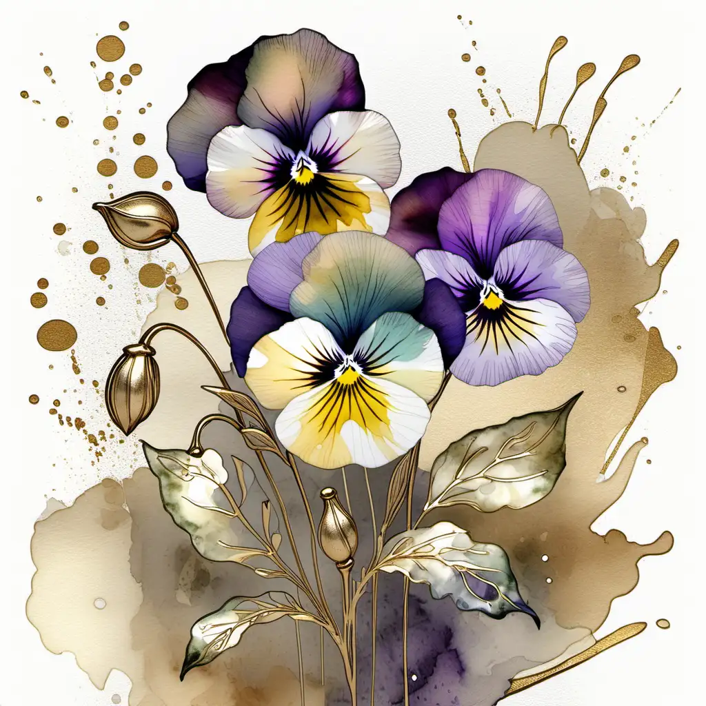 Delicate pansy  buds, magnificent, muted watercolor and alcohol ink with gold accents., poster, painting, illustrationv0.2