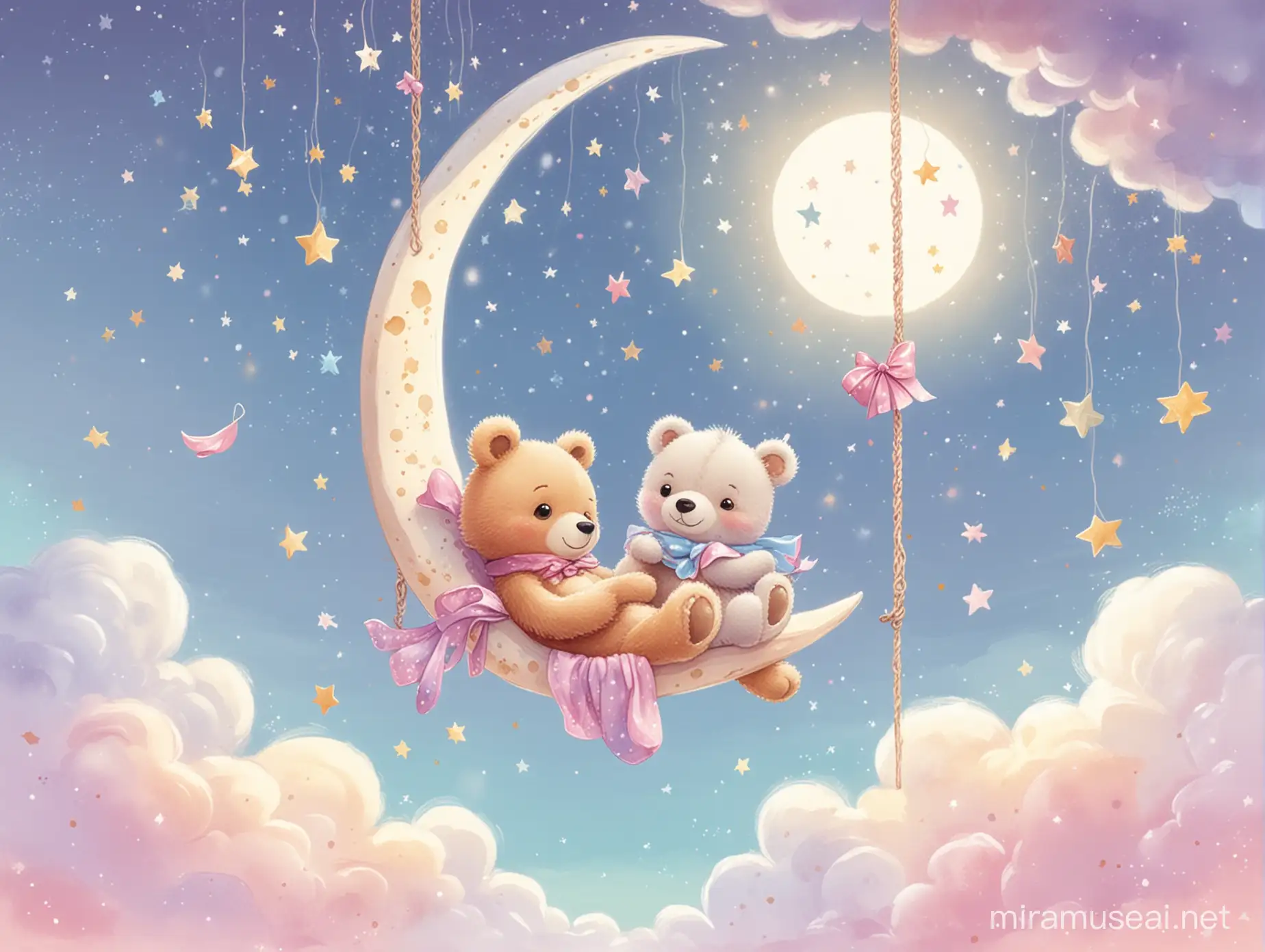 Whimsical Moon Swing with Plush Bear in Colorful Starry Sky