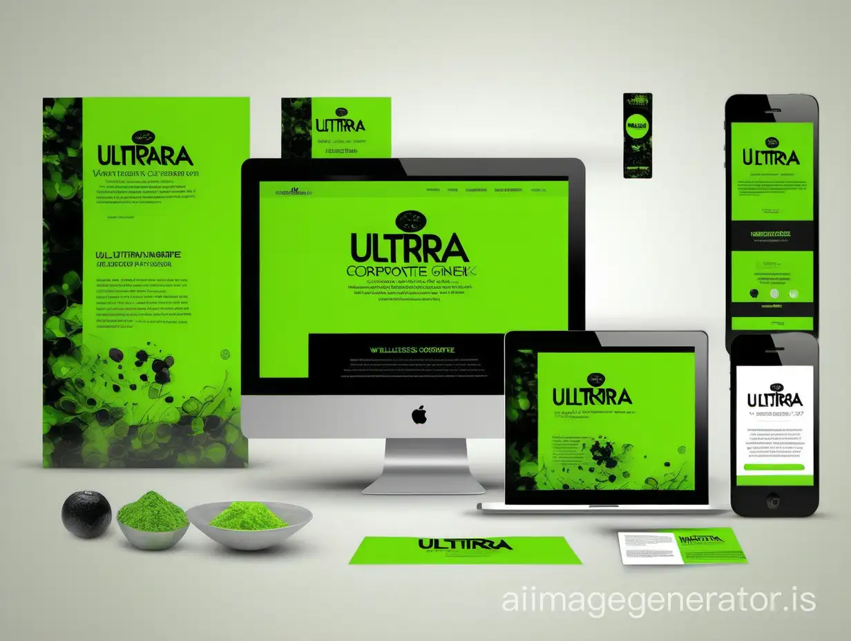 I want an image color combination of bright green and black for my website. It should be based on wellness, and the name of the website is Ultrra Corporate. The background should be black, and I want 'ULTRRA CORPORATE' typed, not 'wellness.' Also, don't use bright green and black too much.