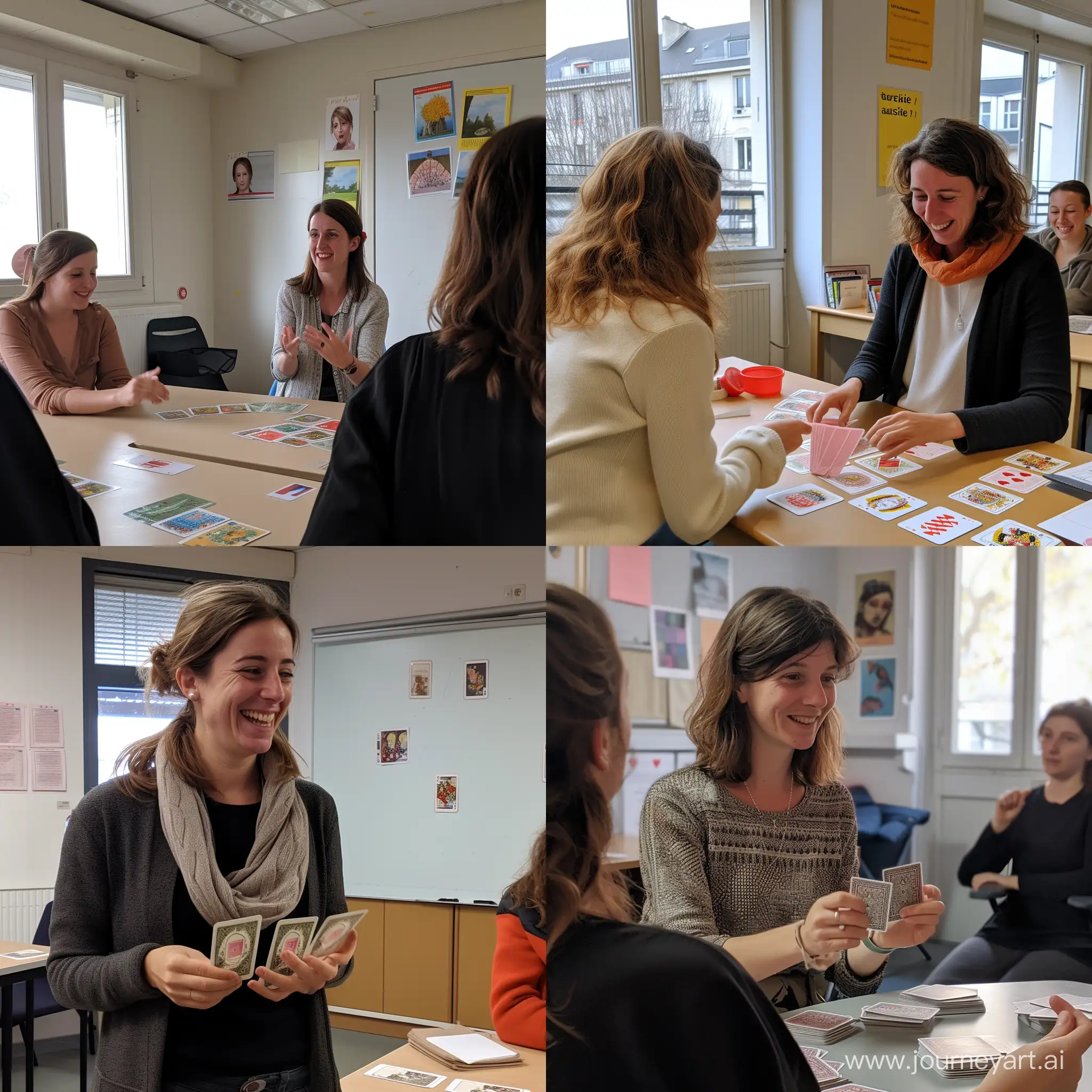 je voudrais une photo d'une salle de formation dans une activité de pédagogie avec des cartes, et avec Aurélie Casties en tant que formatrice