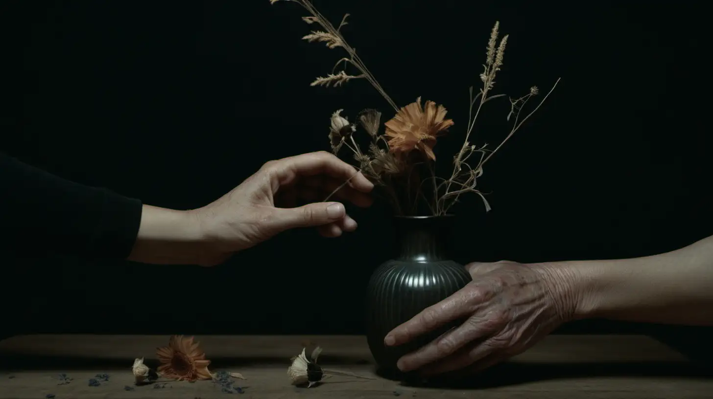 Hands on Table with Dried Flowers in Soft Light