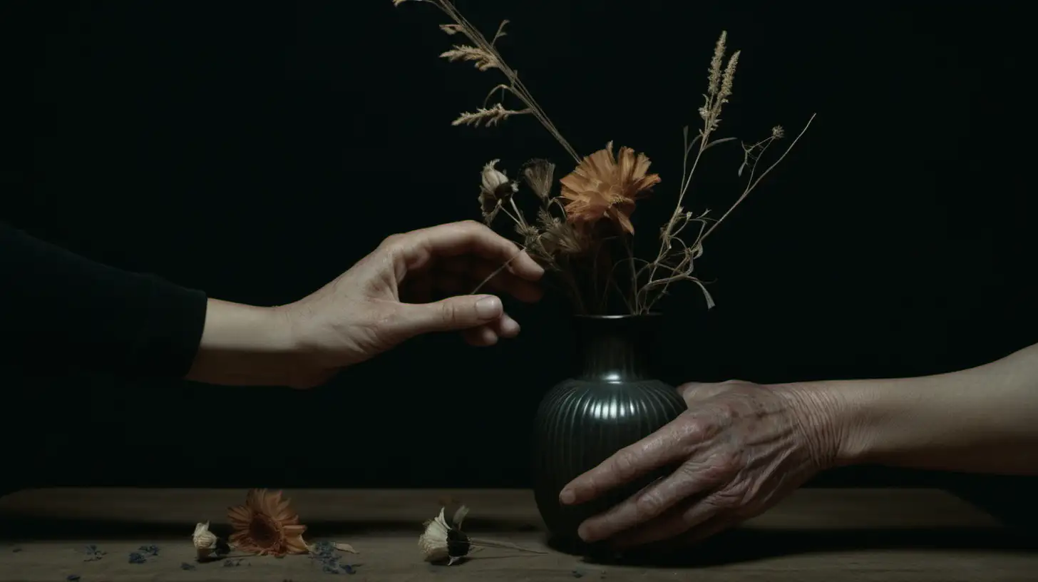 Hands on a table with a vase of dried flowers darkness soft light