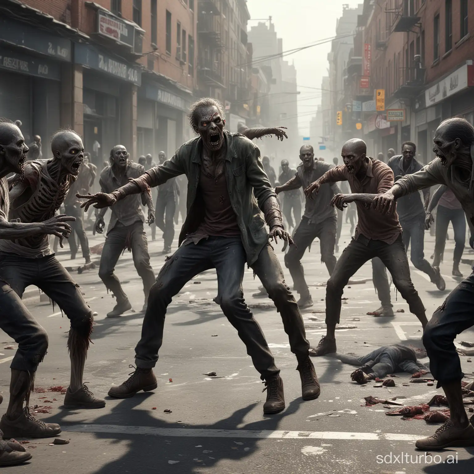 Draw a realistic picture of zombies and humans fighting on the street