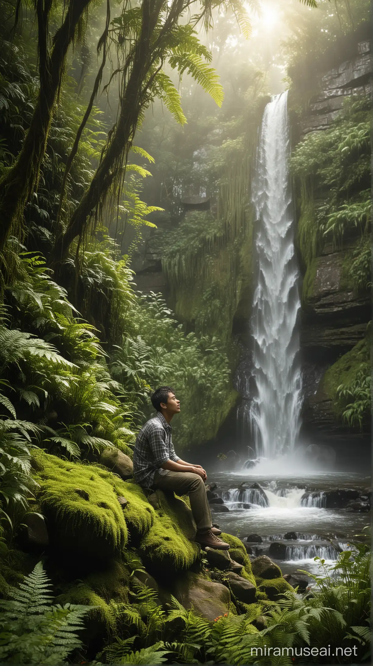 Indonesian young man sitting in the rock, front camera, gracefully in the middle of a forest filled with sunlight, the sun's rays filtering through the leaves. Delicate dewdrops cling to ferns and wildflowers. In the background, a mystical waterfall cascades down moss-covered rocks, and mist rises into the air. High resolution, high realism.