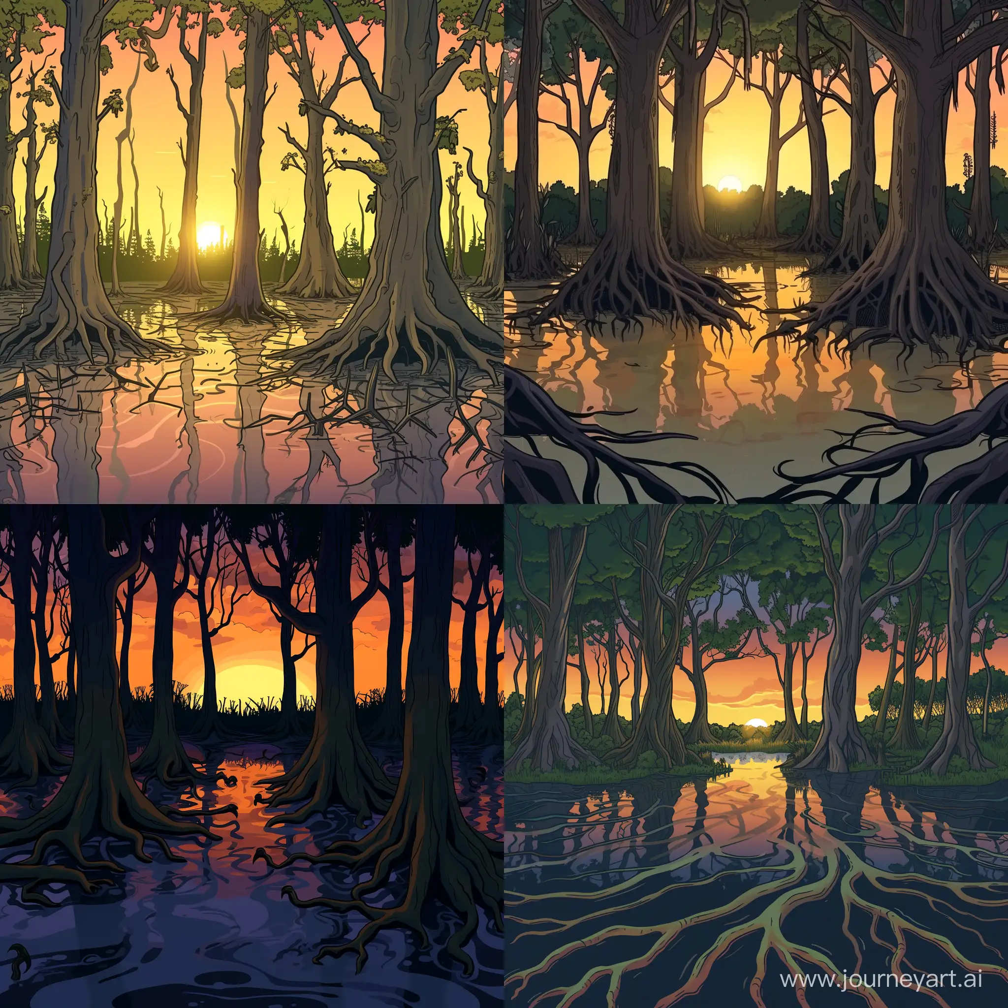 Enchanting-Cartoon-Sunset-in-a-Sunny-Swamp-Forest-with-Submerged-Tree-Roots