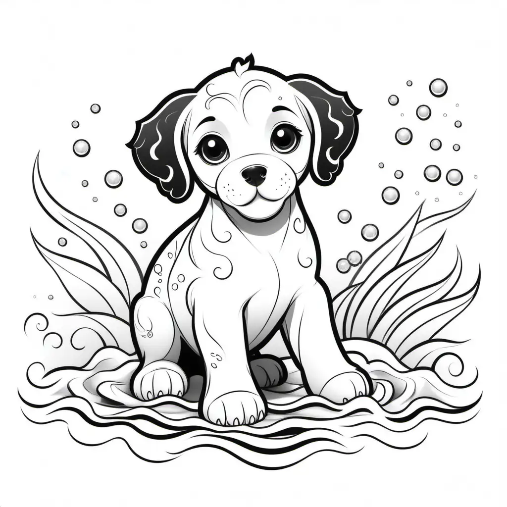 simple black and white line art of a Portuguese Water  puppy for a kids coloring book --ar 3:2 --s 10