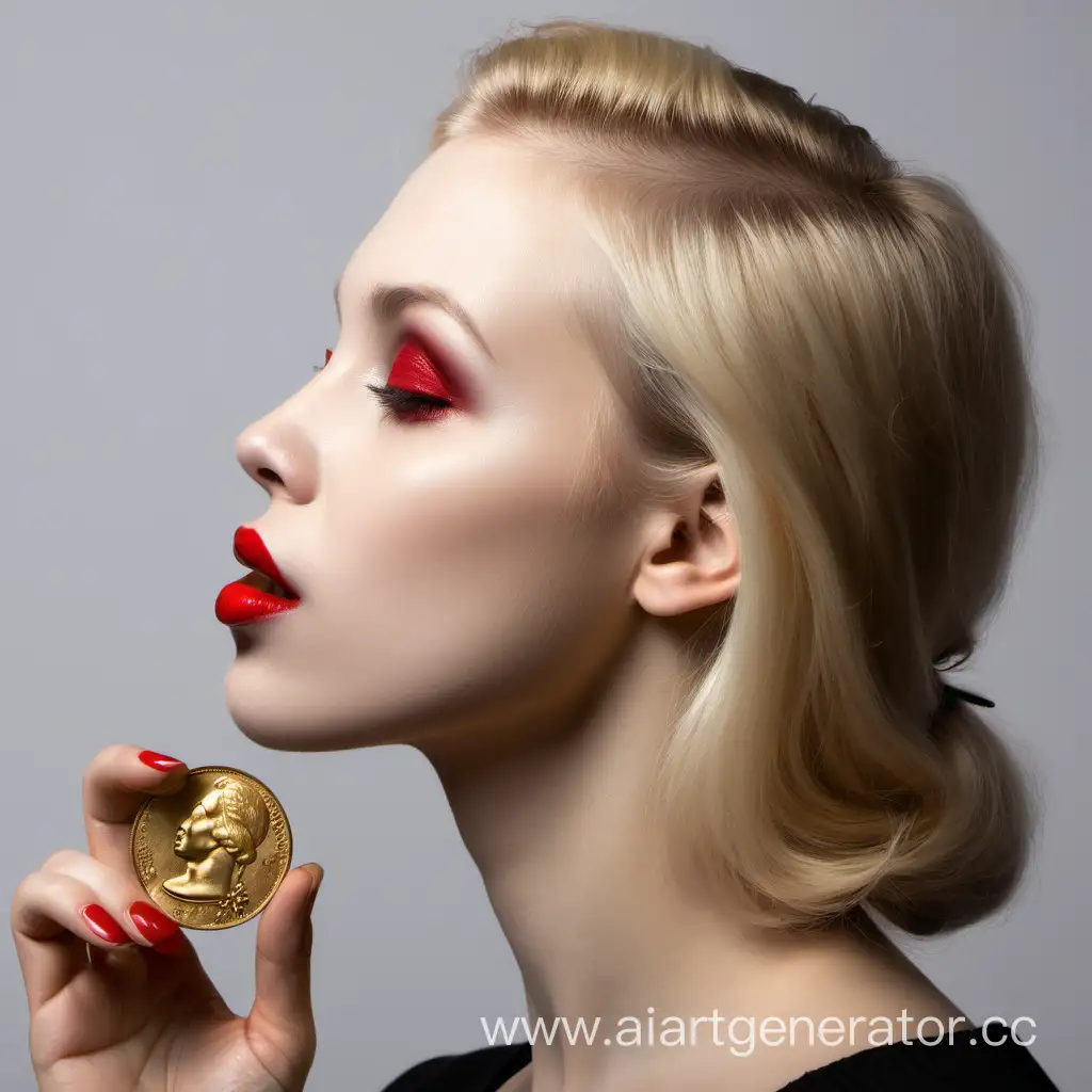 Голова девушки в профиль блондинка красная помада во рту держит золотую монету