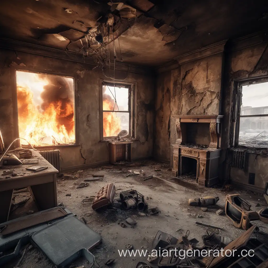 Destroyed-Room-with-Center-Fire-in-PostApocalyptic-Setting