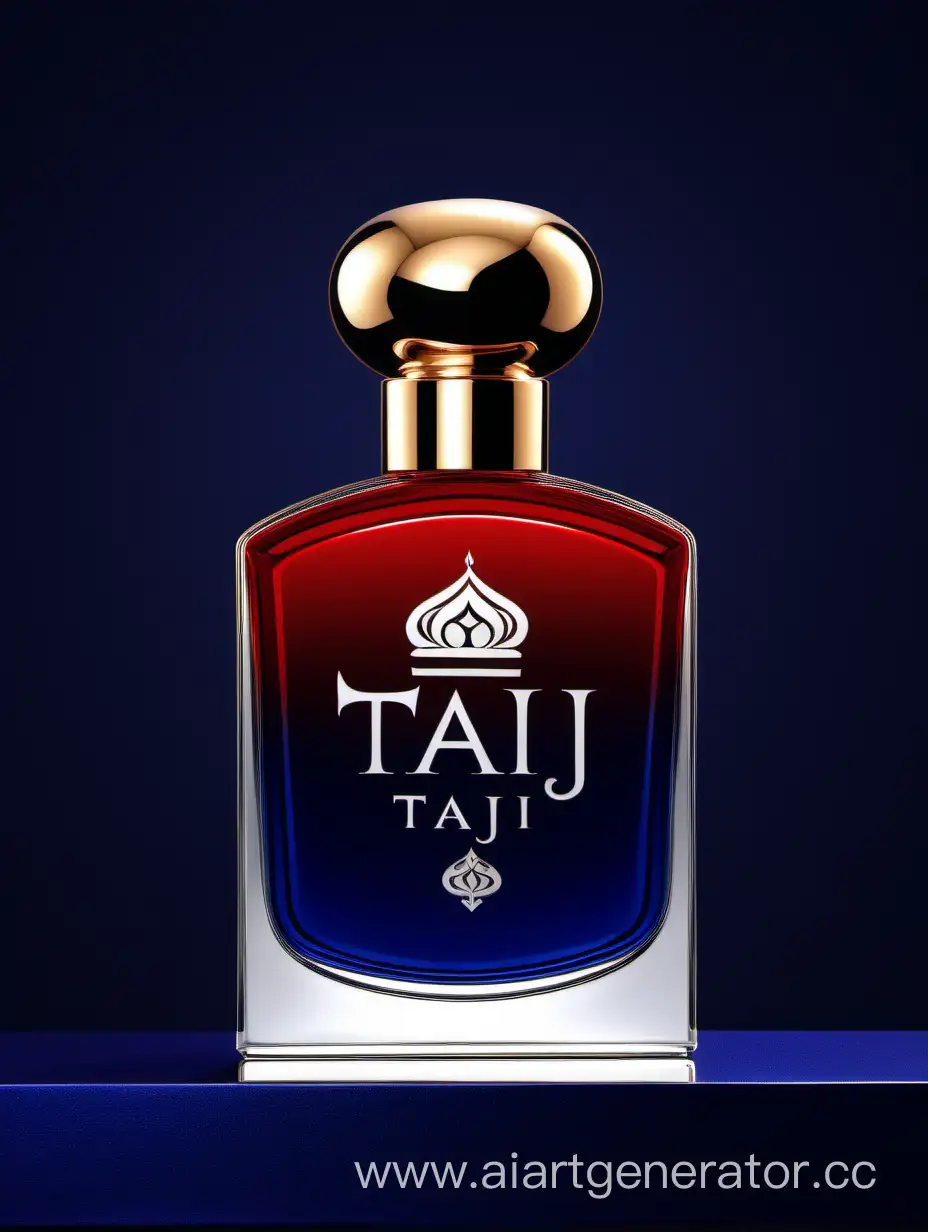 A luxurious Dark Blue Red and white double layers perfume with a elegant zamac cop ((taj text logo))