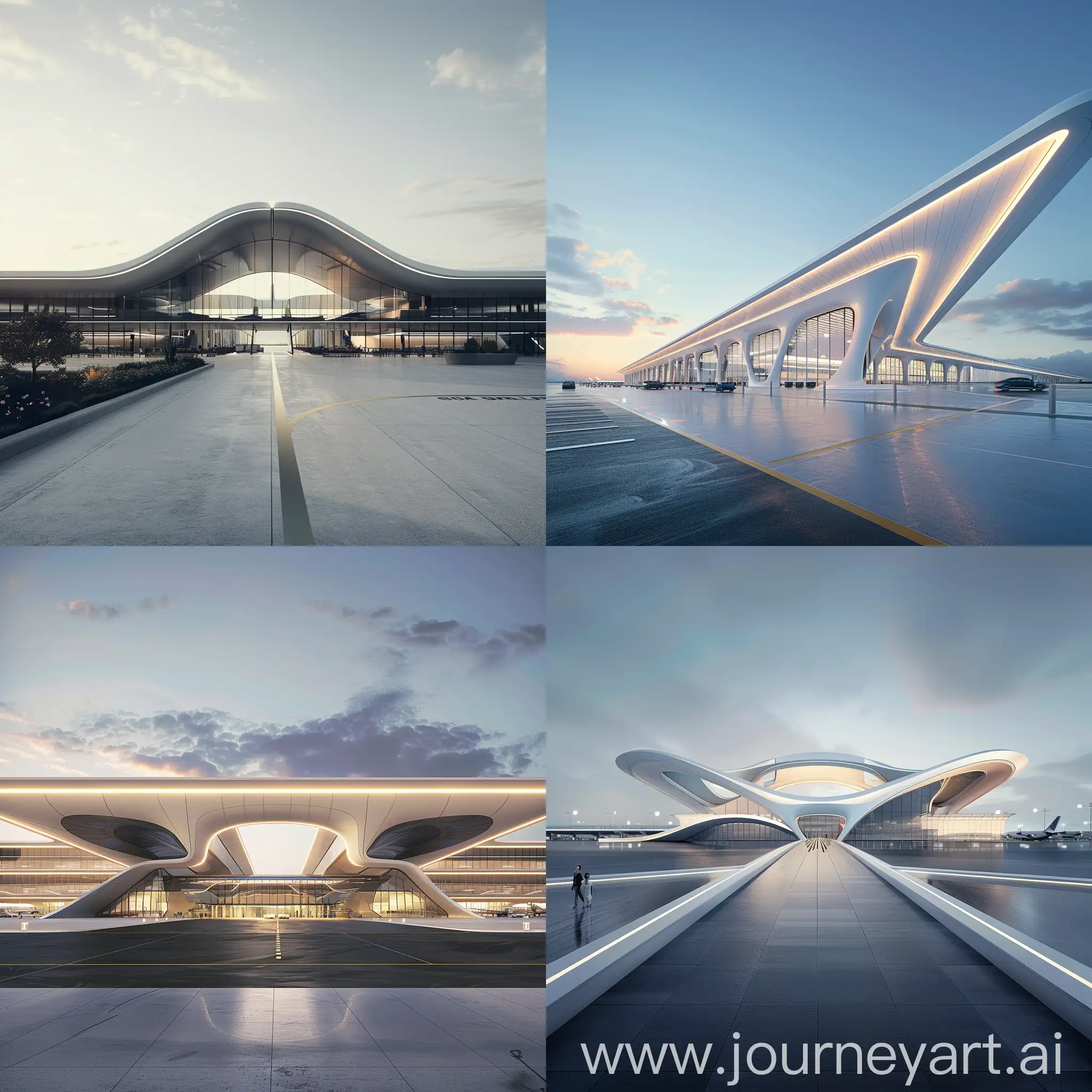 A front view of linear airport terminal that blends seamlessly into its surroundings, with parametric design elements that create a sense of fluidity and movement.