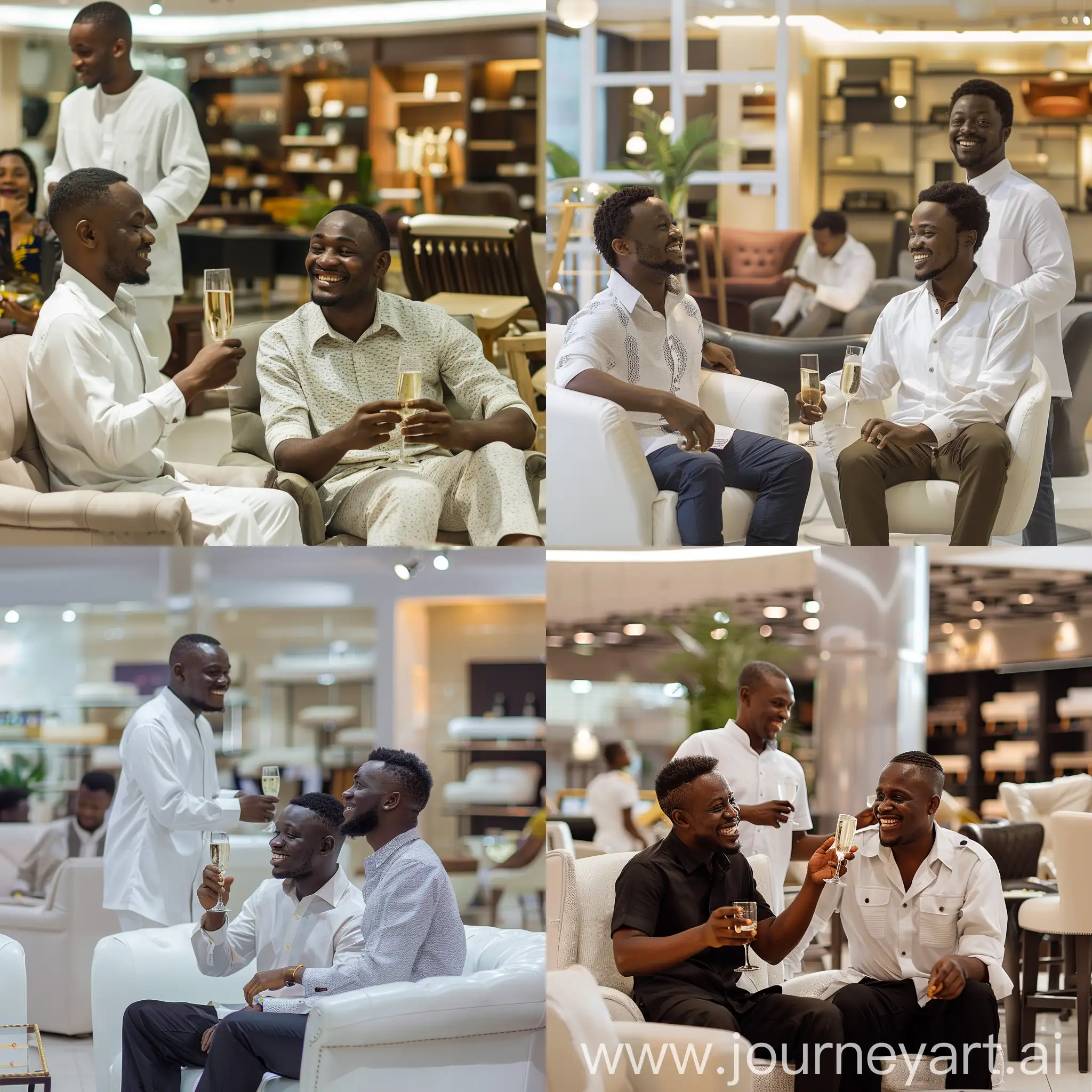 
"A realistic image for International Friendship Day and a Design Furniture Store:
Celebrate friendship and harmony in design, featuring two African male friends seated, enjoying a glass of champagne, smiling as they celebrate friendship, and engaging in conversation in a furniture store, with furniture prominently displayed. Another man, dressed in a white uniform, is seen assisting them with furniture purchases.