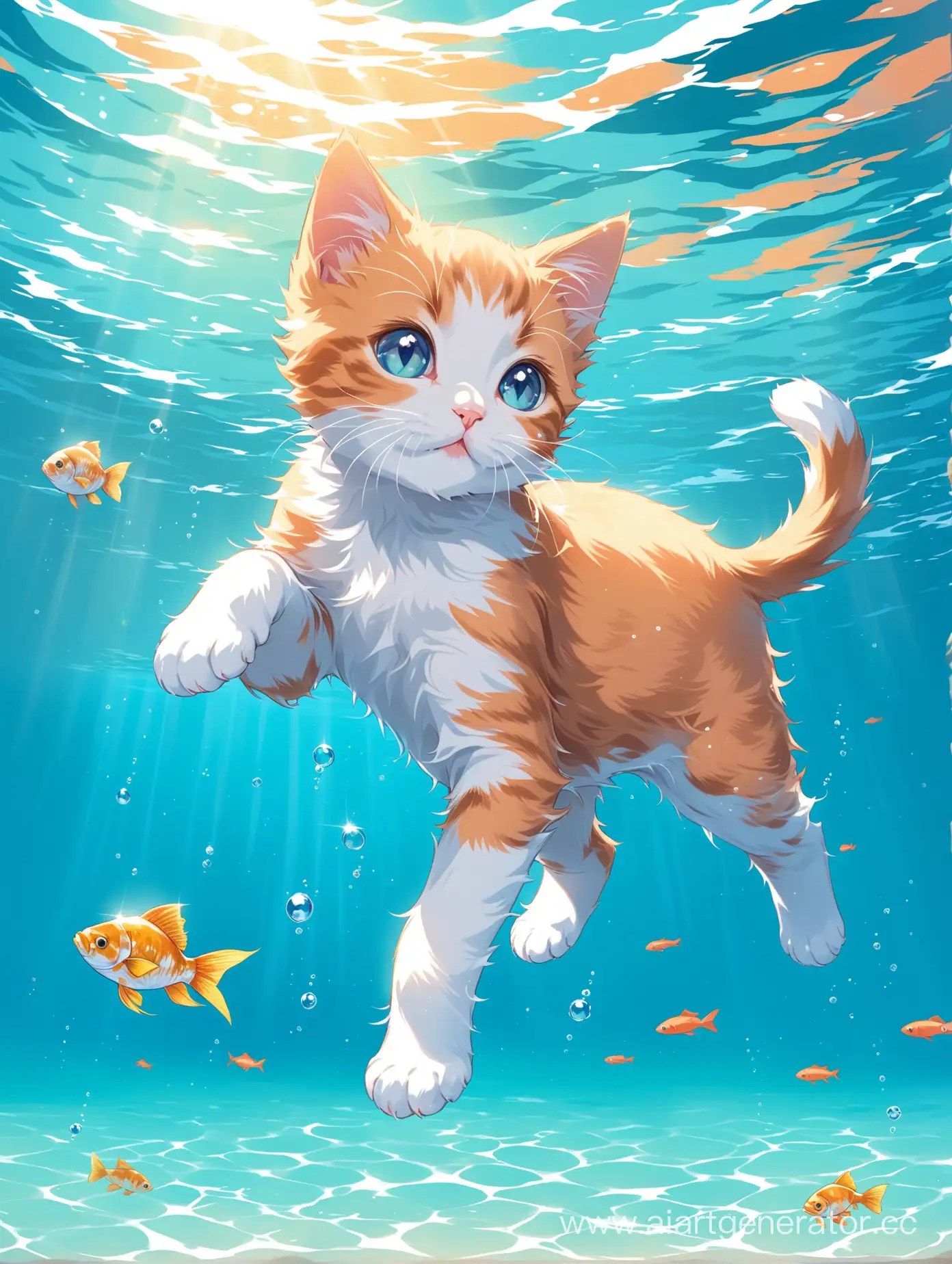 Котик плавает в кристально чистой воде с рыбками
