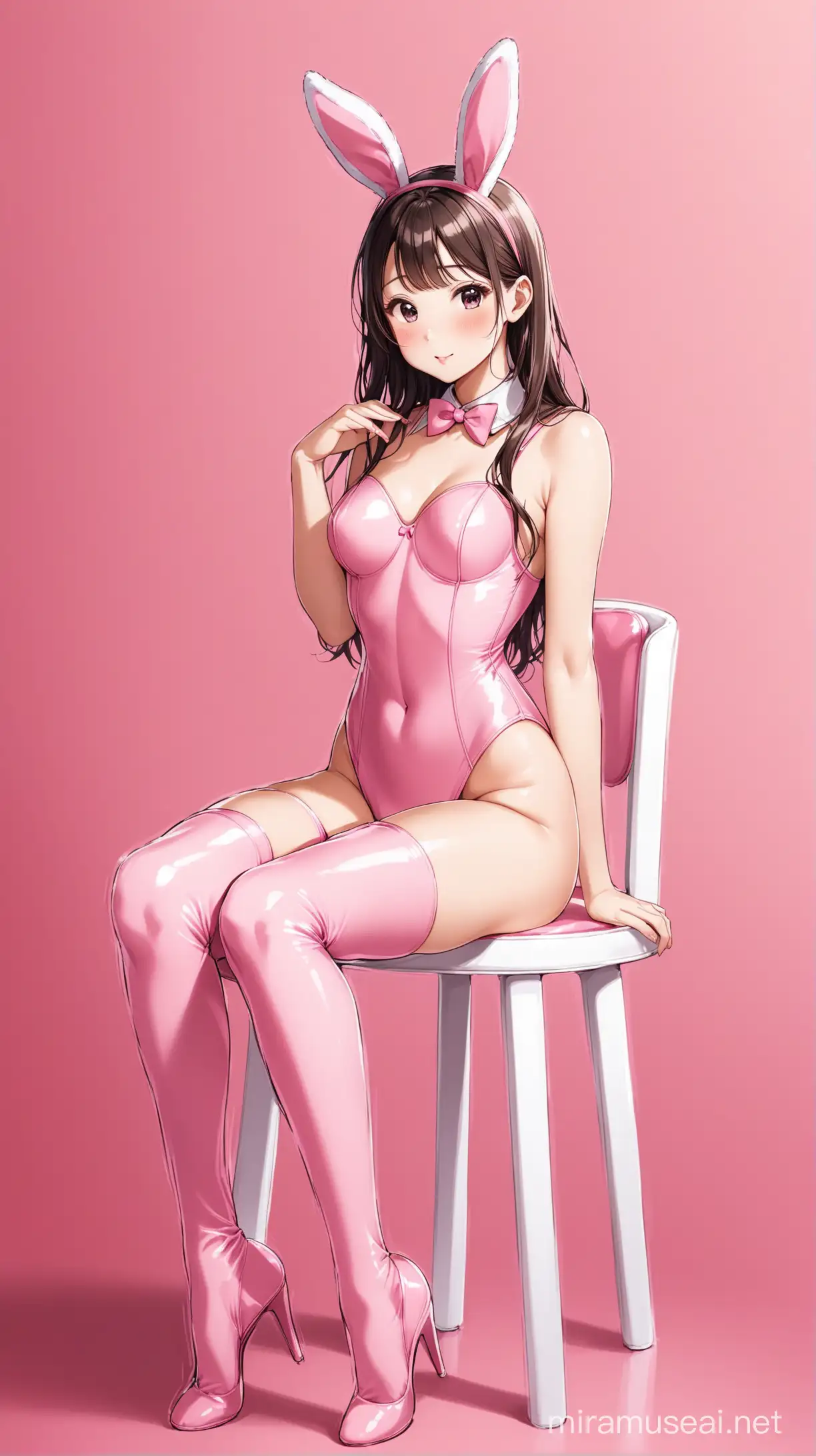 Adorable Girl in Pink Bunny Suit Sitting on Chair