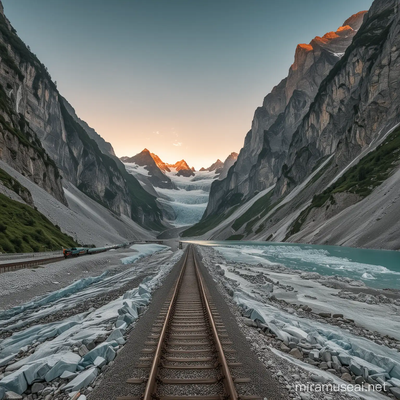 A huge tall green mountains in middle of sunset from Switzerland, a train passing through the bottom of mountain, a clear glacier blue lake is passing through the ground
