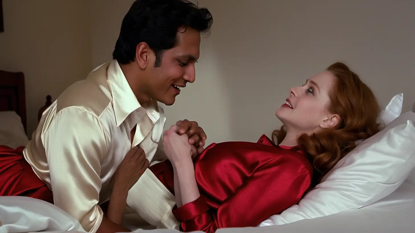 young adult indian andean man lying on bed tenderly embraces  and gives a frenche kiss Amy Adams,  angelic smile, long sleeved ivory stretch silky satin shirt blouse and red linen pencil very short skirt, lying on her back in bed in very brightly bedroom