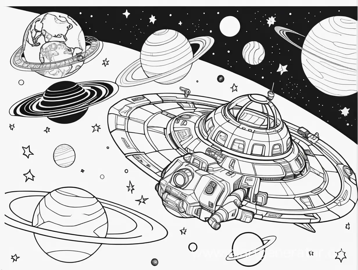 контур, раскраска, черно-белая, космос планеты космические корабли, на белом фоне, четкие линии, контраст, без теней, без ретуширования 