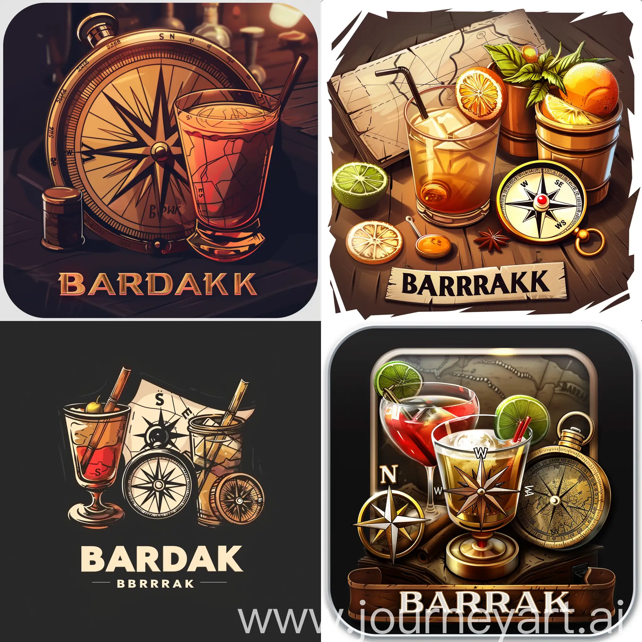 logo for the app. It should depict a compass, a map, a cocktail. The image should be in loft style and not be overloaded. the image should have the name of the application ''BARDAK''.