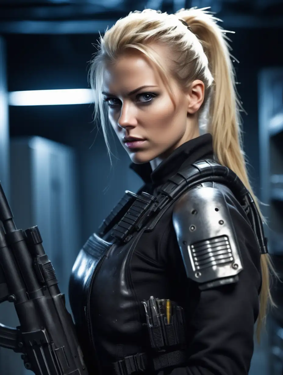 Beautiful Nordic woman, very attractive face, detailed eyes, dark eye shadow, blonde hair in a messy high ponytail, dressed as a female terminator, rim lighting, looking back over her shoulder, holding an assault rifle, standing in server room at night, extreme close up photo, photorealistic, very high detail, extra wide photo, full body photo, aerial photo