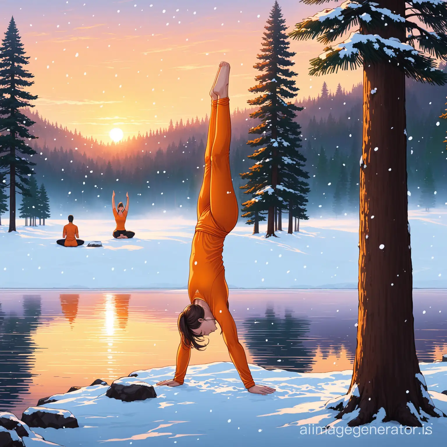 draw a yoga teacher in orange clothing performing a headstand on the shore of a lake next to pine trees with snow falling and several students sitting nearby at dawn