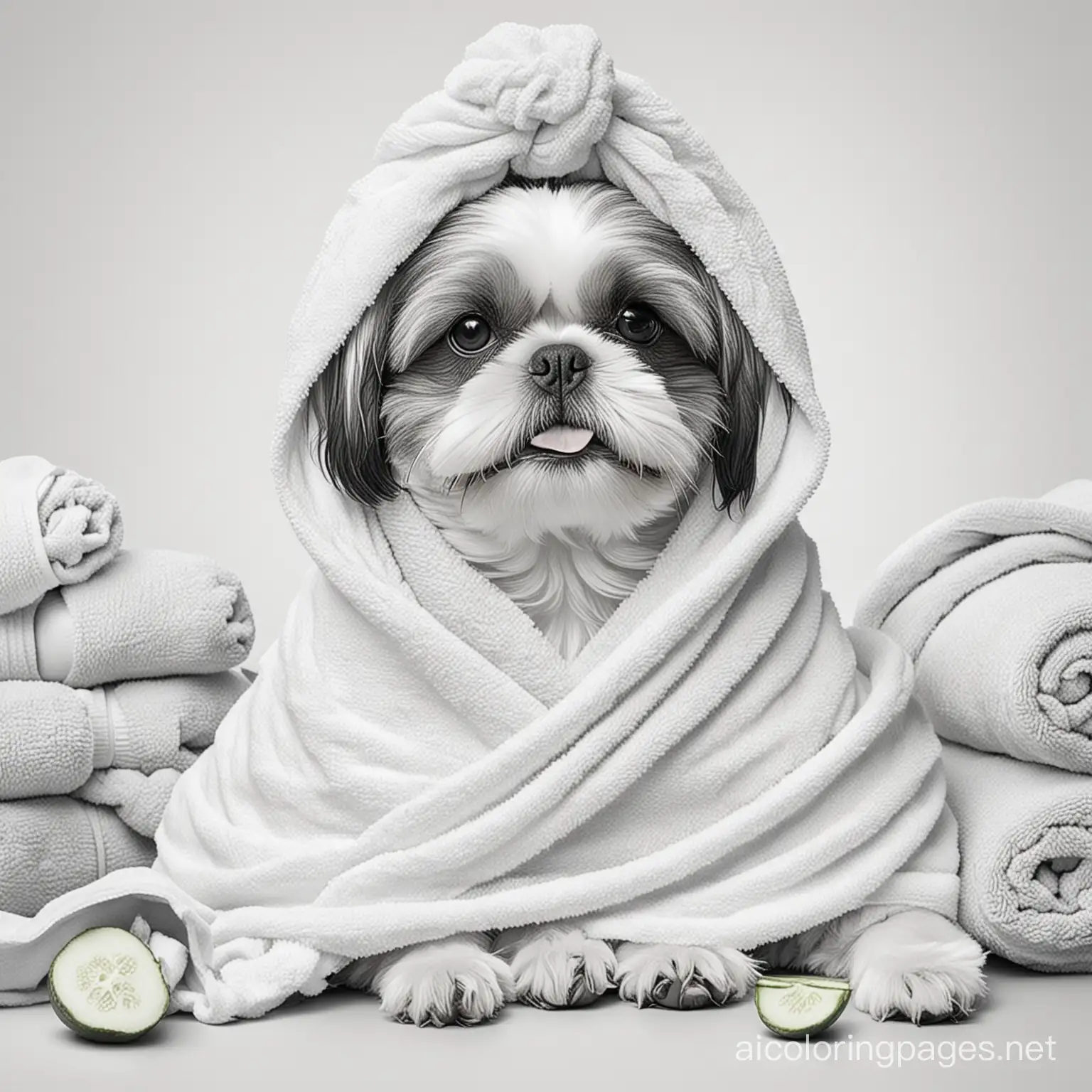 shih tzu at the spa with its head wrapped in towel with cucumbers over its eyes and tongue out , Coloring Page, black and white, line art, white background, Simplicity, Ample White Space. The background of the coloring page is plain white to make it easy for young children to color within the lines. The outlines of all the subjects are easy to distinguish, making it simple for kids to color without too much difficulty