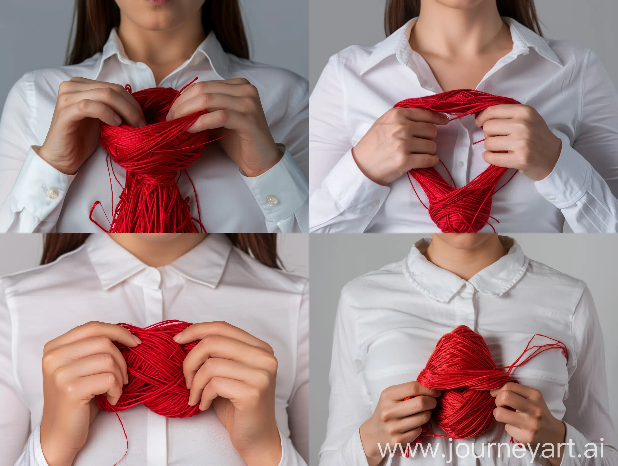 красивые женские руки держат у груди красные мотки ниток, белая простая рубашка, реалистичный фотоснимок, 8к, 