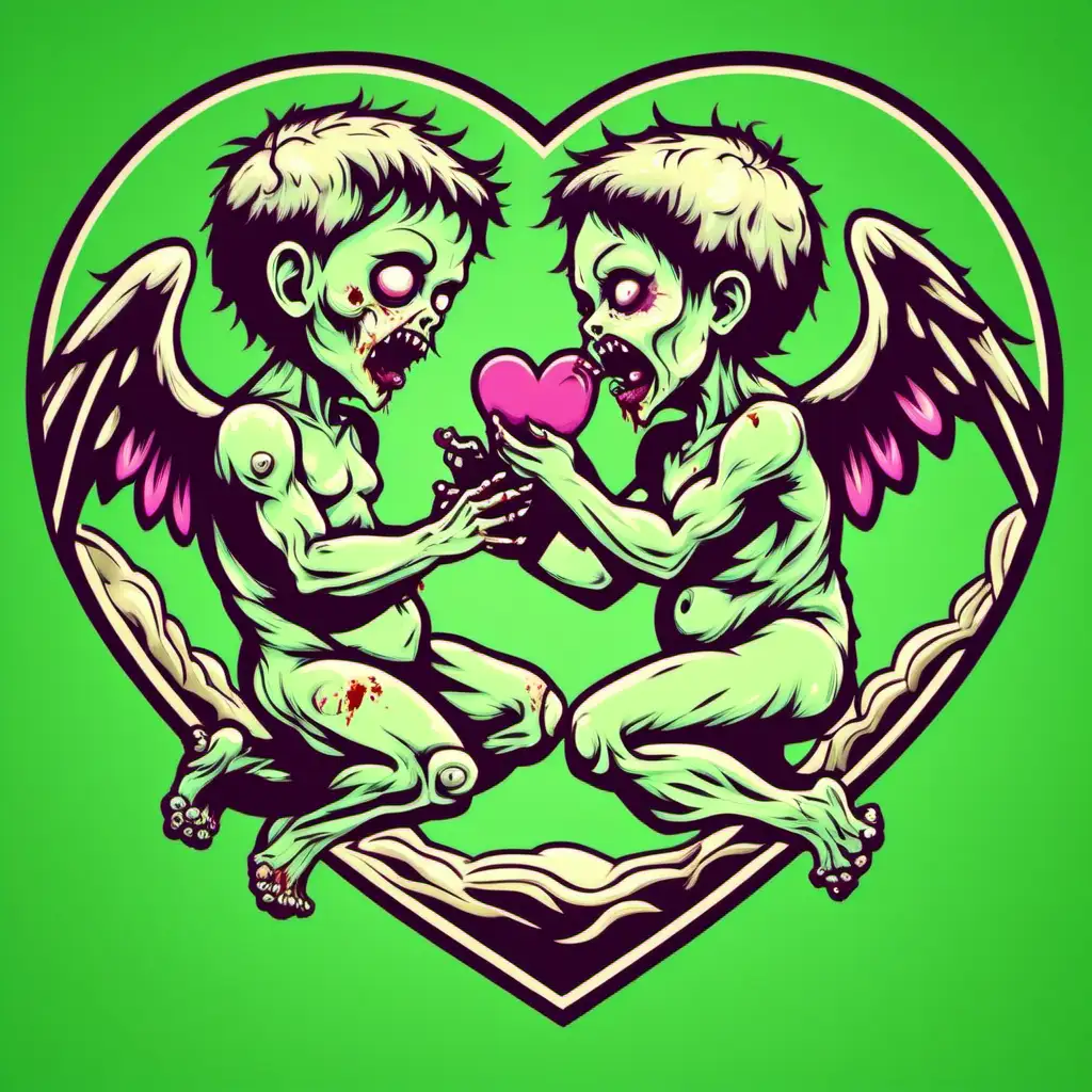 a zombie valentines cherub eating the face off of another cherub. use cartoon style. use solid colors. do not use color gradients. use solid green background. use hex code #00b140 for background color.
