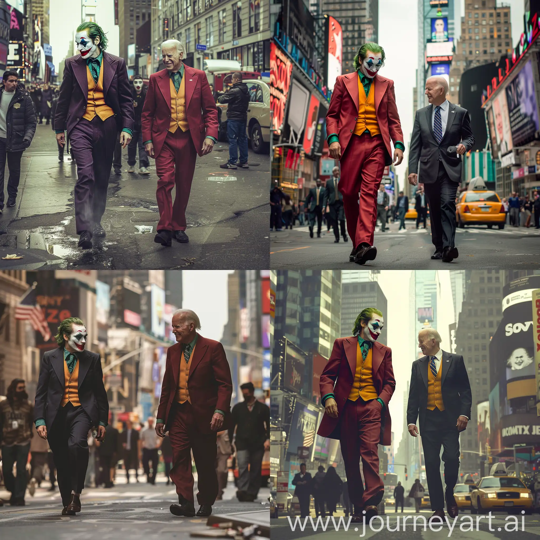 A very realistic picture of a the joker and joe biden walking around on the time square And shot with a Sony AR7V camera.