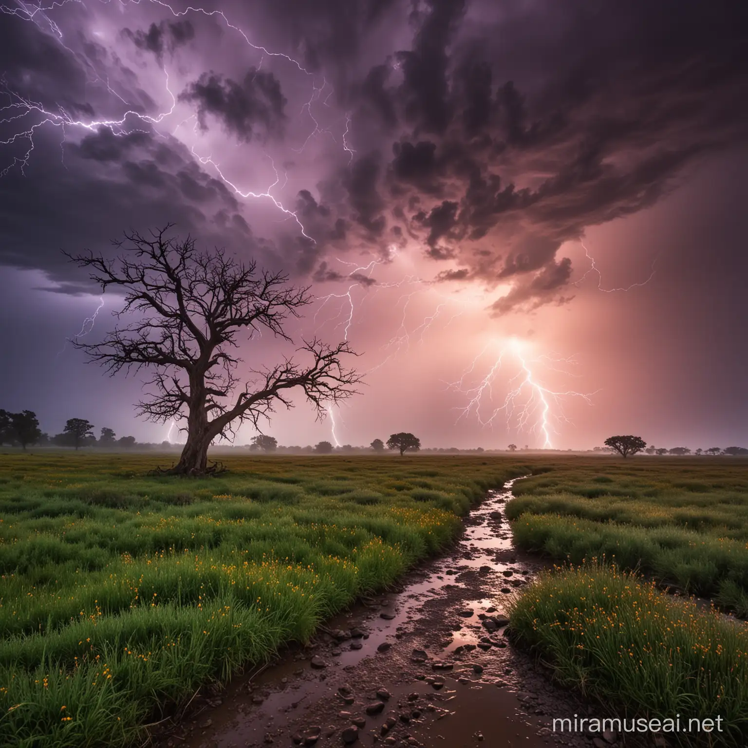 Vivid AweInspiring Landscape with Misty Valley and Dramatic Lightning