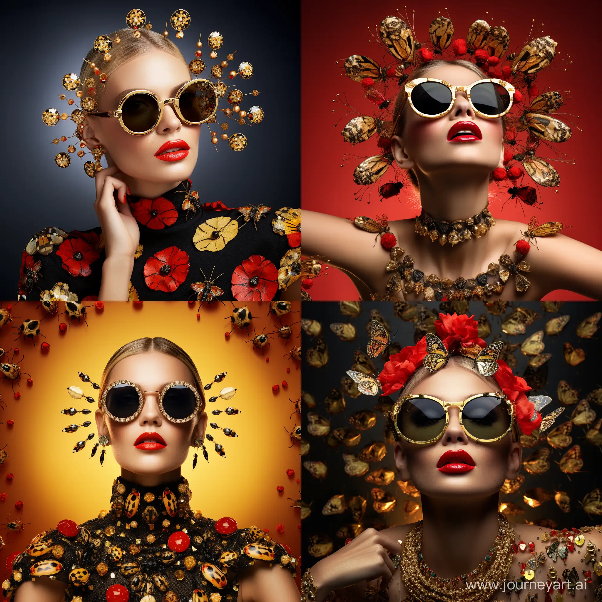 Digital art Fashion Photo, Stunning beautiful woman with Lady Bugs on her head that turns into a Lady bug and Sunflower dress, she is wearing Gold Frame Cartier Diamond Encrusted Glasses, in the style of YSL, meticulous photorealistic model legend, flickr, couture styling, editorial shoot, natural lighting, motion blur, unsplash